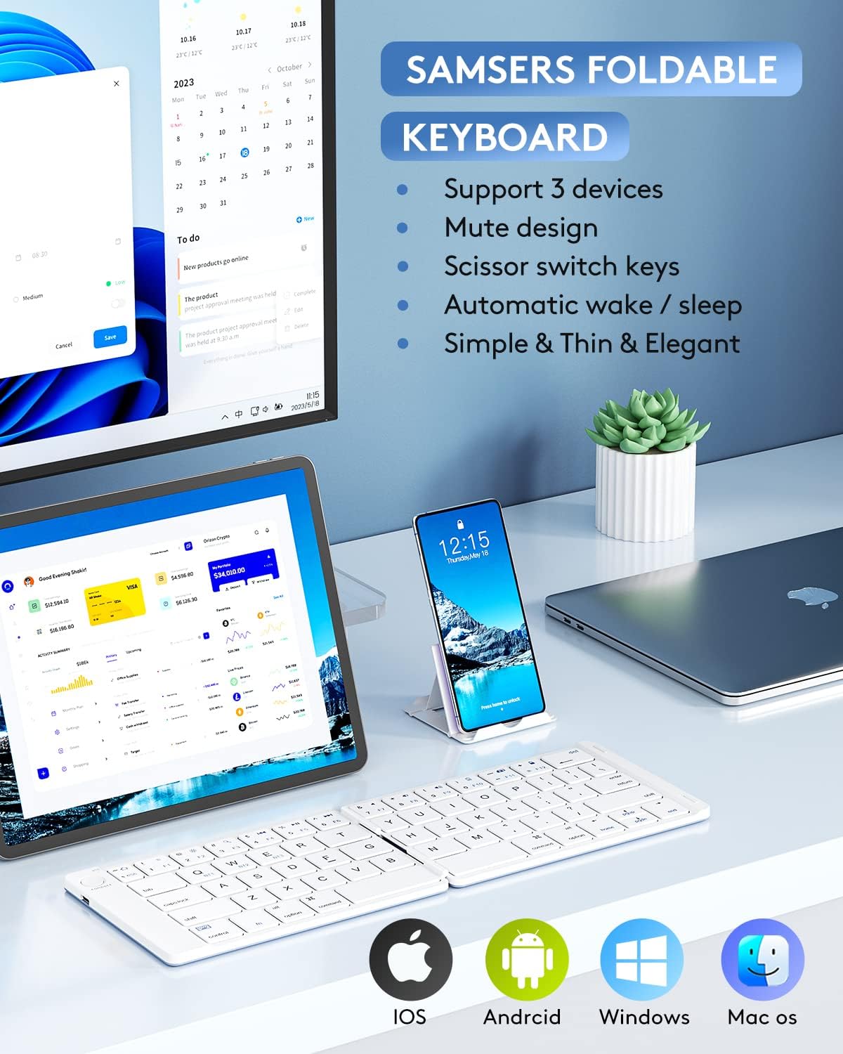 Samsers Foldable Bluetooth Keyboard on a desk with a tablet and smartphone, showing compatibility logos for iOS, Android, Windows, and Mac OS.