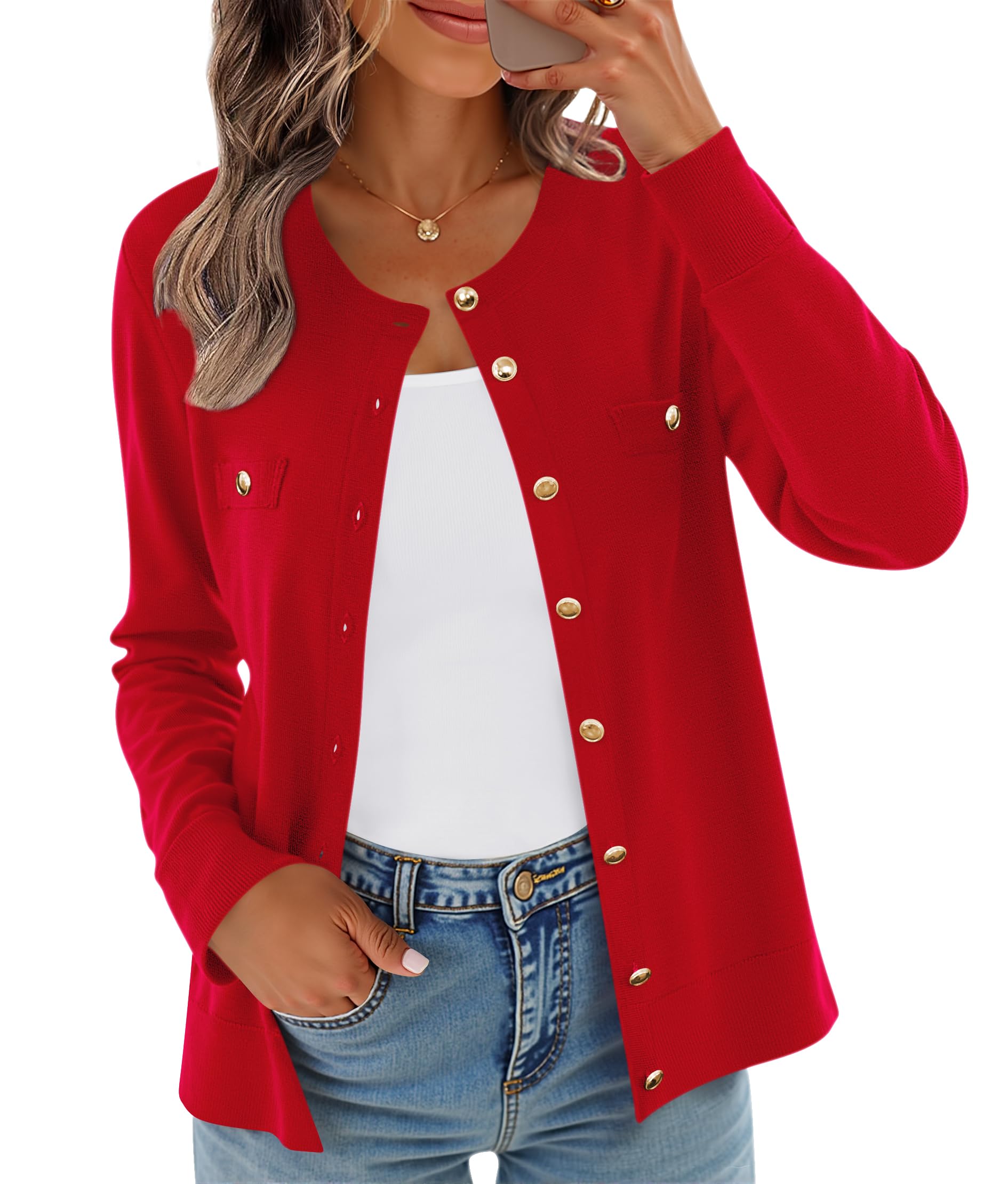 CZYINXIAN Womens Trendy Knit Cardigan Open Front Crewneck Button Down Long Sleeve Lightweight Sweater Cardigans
