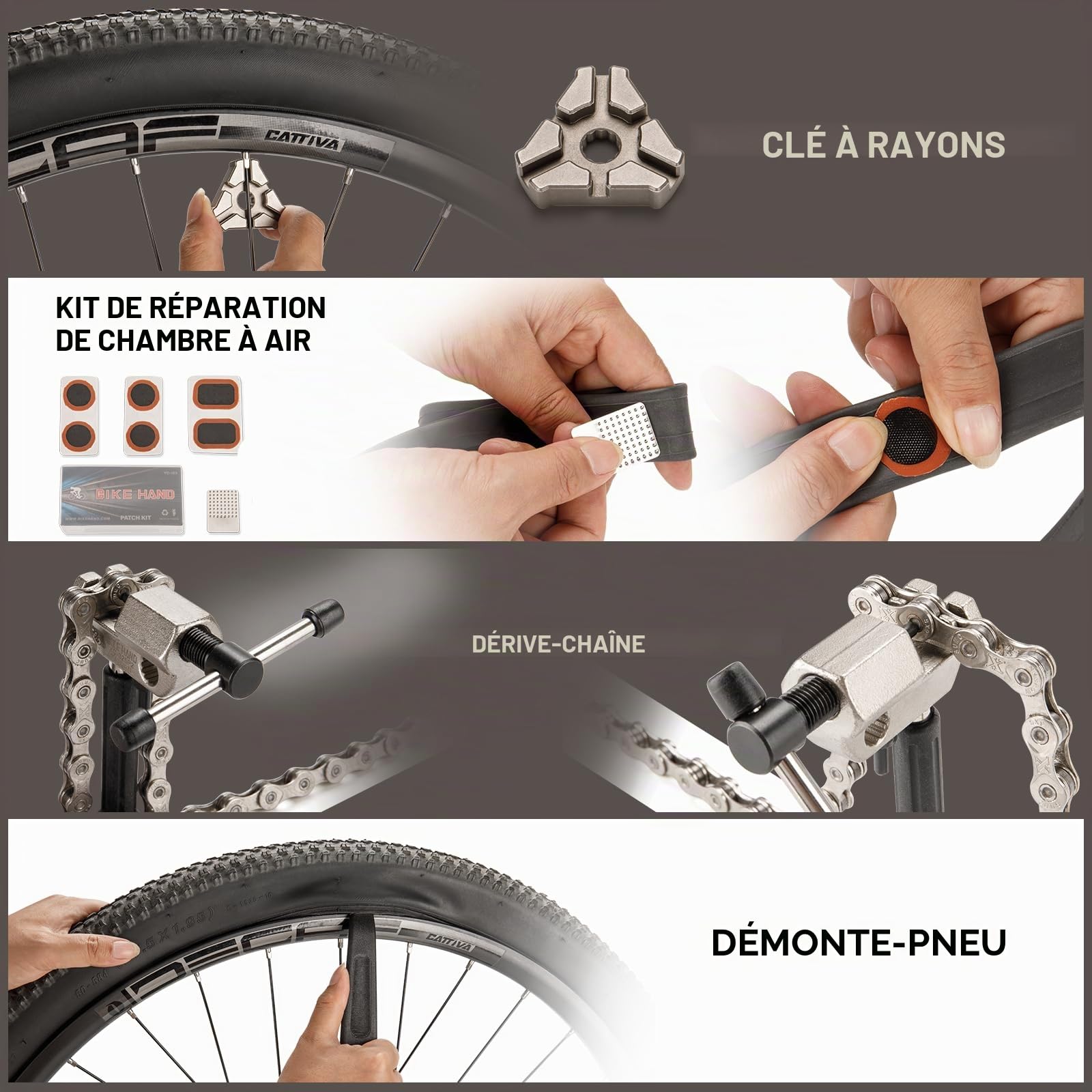 Bike Hand Kit d'outils de réparation professionnel pour vélo avec outil de chaîne, clé à molette et accessoires, noir et rouge