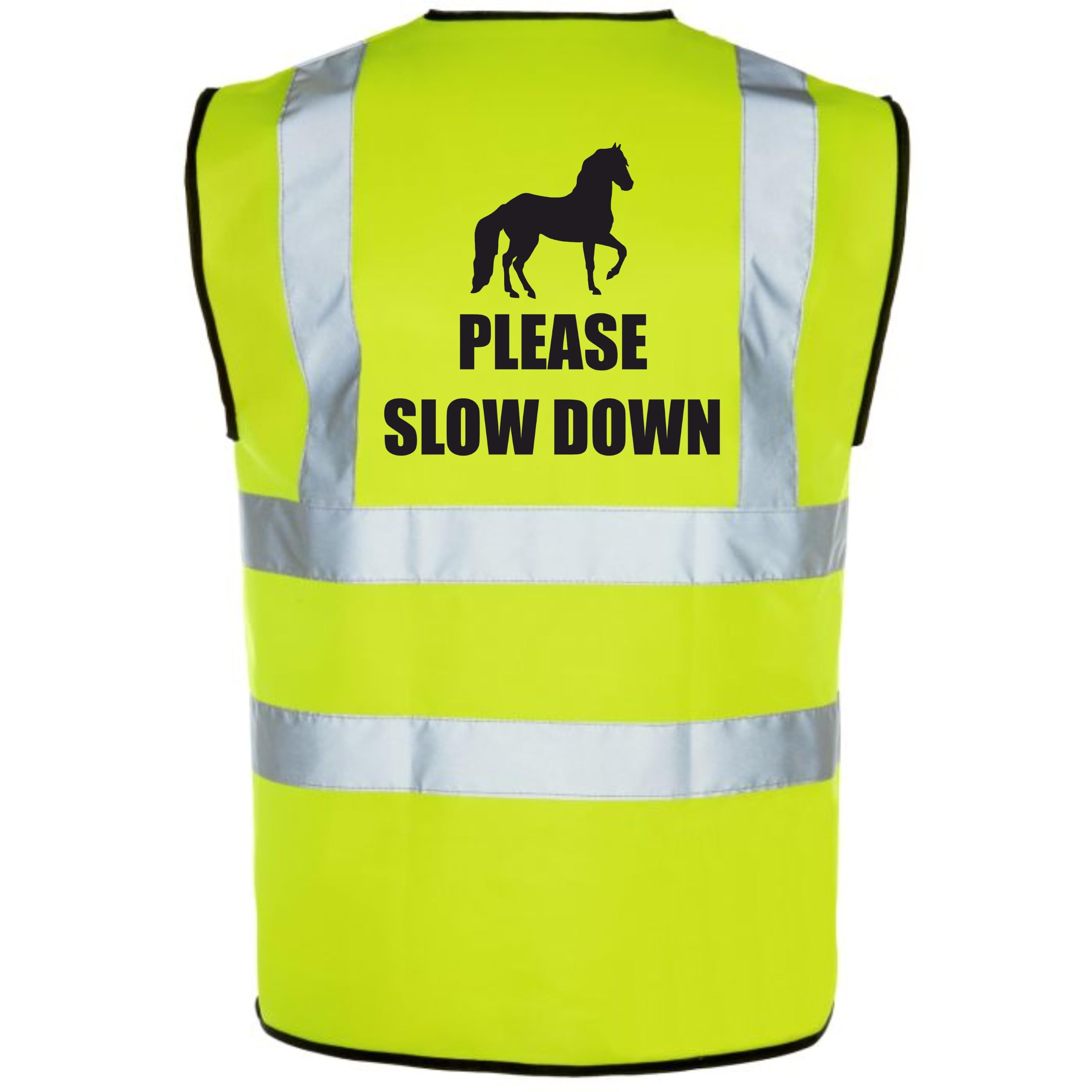 Equestrian PLEASE SLOW DOWN Hi Viz Vis Vest Horse Riding Reflective Waistcoat Jacket Road Safety Visibility Yellow Medium