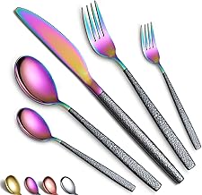 Set di posate 30 pezzi Rivestimento con testa arcobaleno con manico nero Mars, acciaio inossidabile Titanio Placcatura colorata Coltelli Cucchiai Forchette Set di utensili Set di posate Servizio per 6