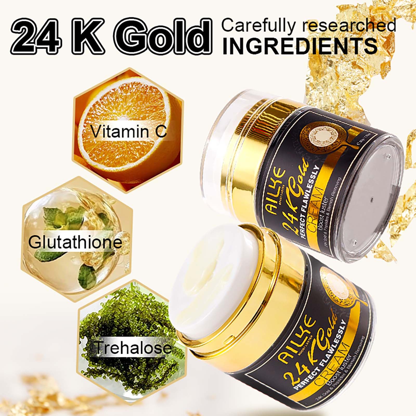 AILKE 24K Gold Perfect Flawlessly Face Cream, Whitening, Reduce Blemishes, Melanin, Improve Dull Skin, With Glutathione, Vitamin C, 50ml (Pack of 1)