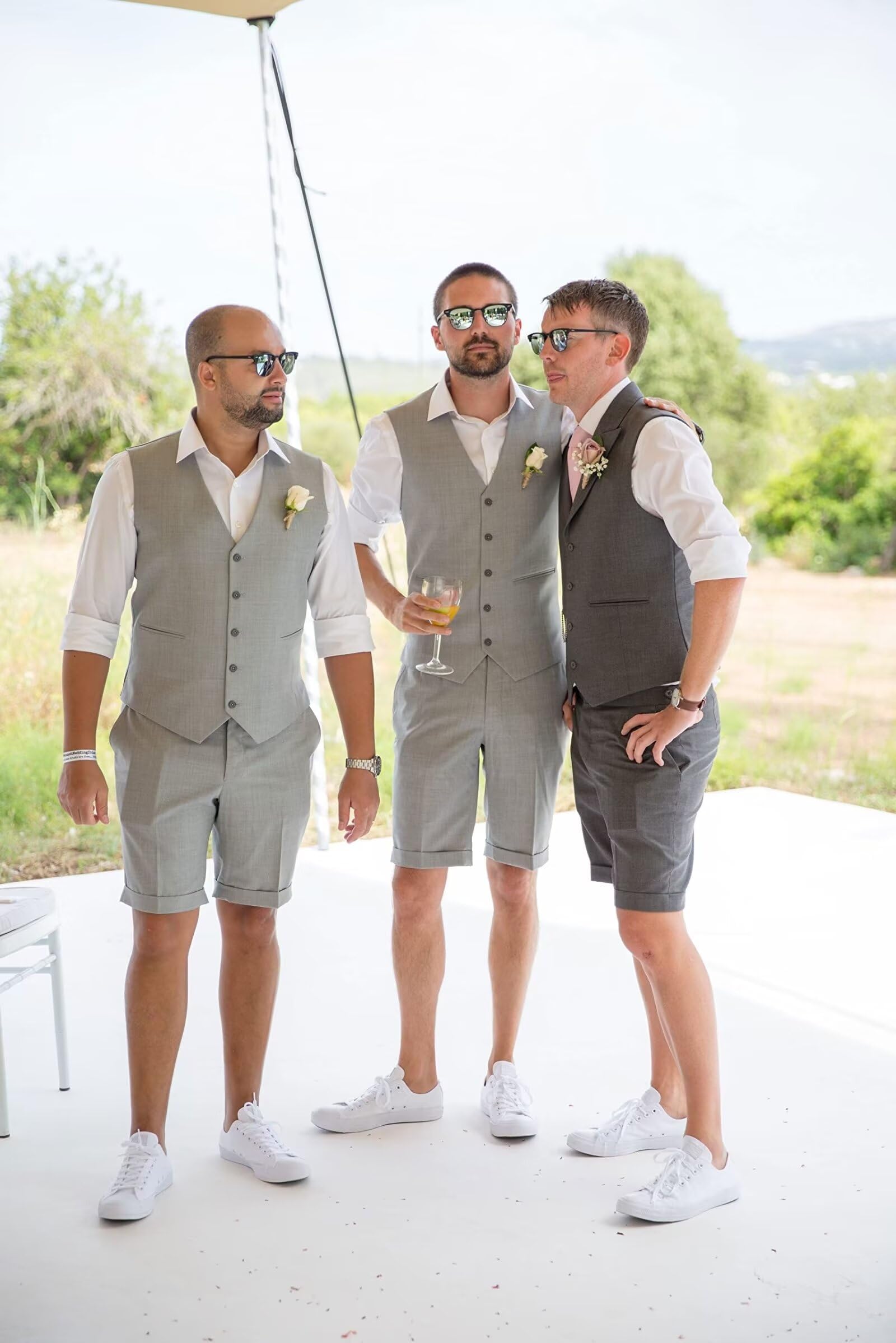 Costume 2 pièces en lin pour homme - Style décontracté - Pour l'été, la plage, le mariage - Ensemble gilet et short