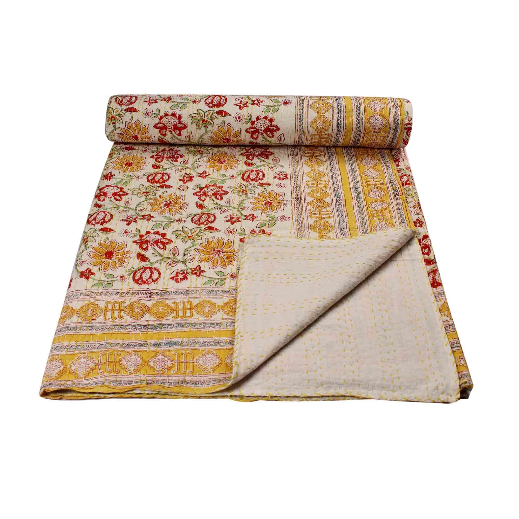Couvre-lit Kantha indigo 100% coton fait main jeté de lit bohème multicolore