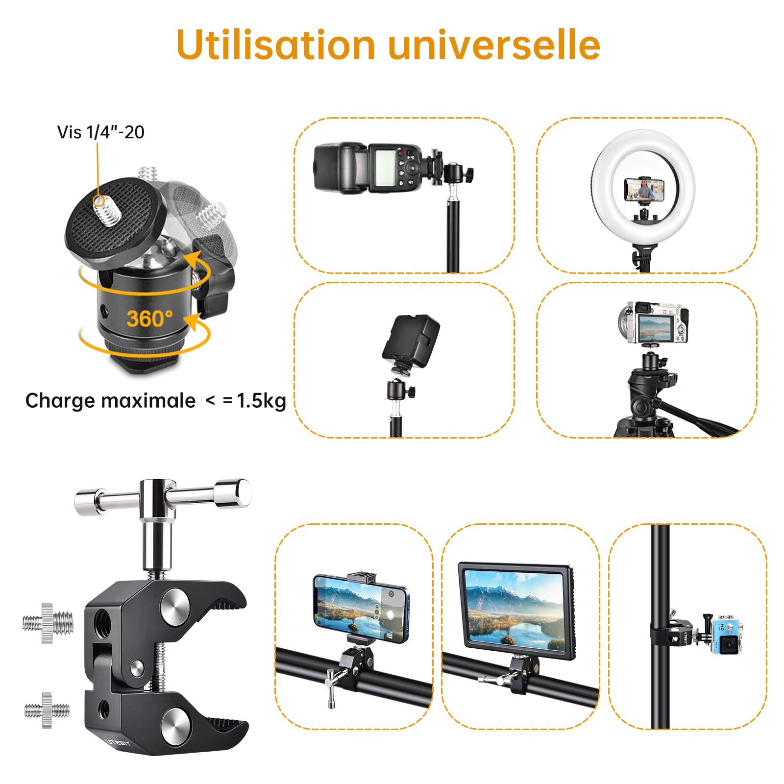 UTEBIT Pince Trépied Bras Magique, Super Clamp avec Rotule Pivotante à 360° en Alliage Aluminium, Bras Articulé Support pour Appareil Photo, Lampe Vidéo, et Caméra Action
