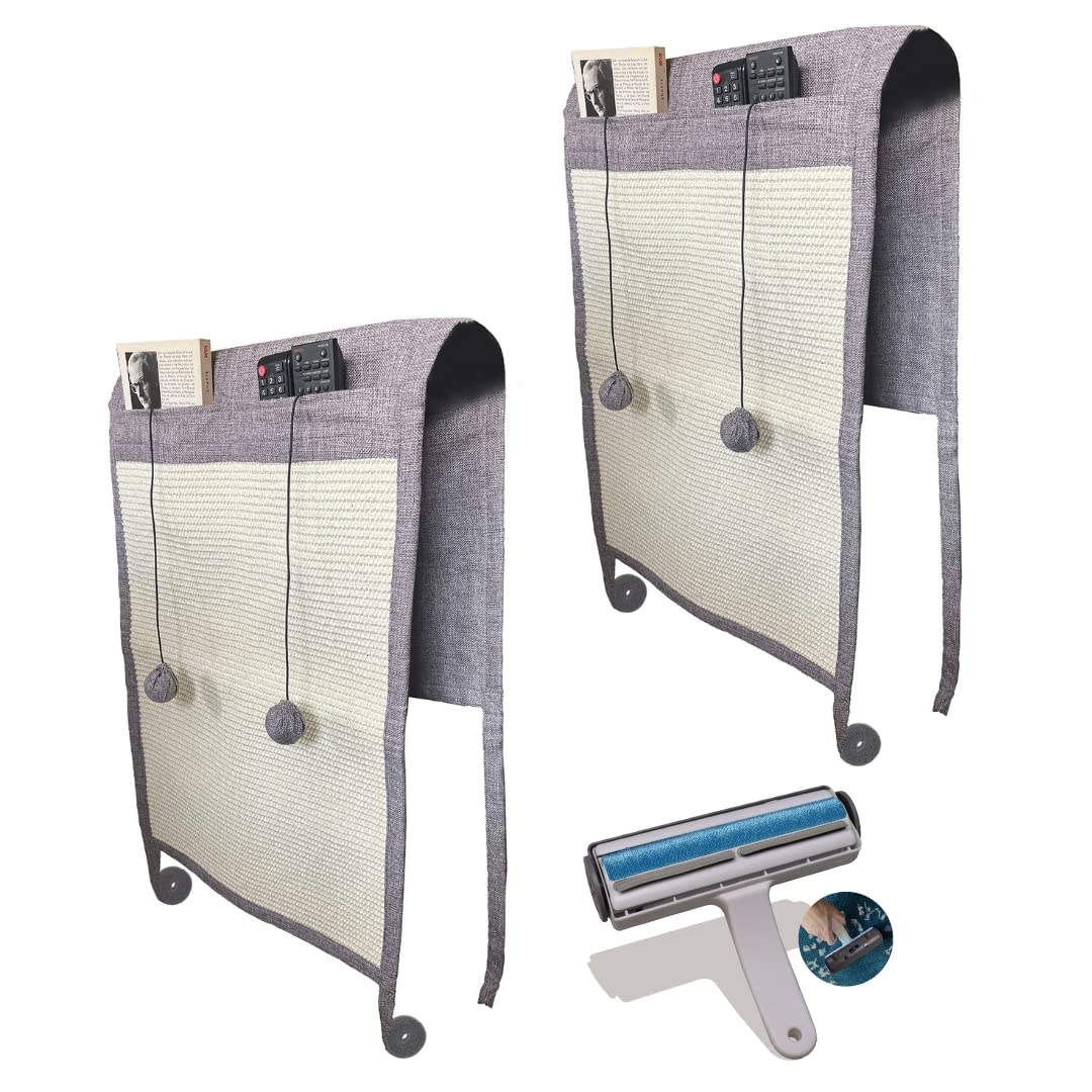 Set 2x tiragraffi divano per gatti e rullo smacchiatori divano - Proteggi divano gatti graffi con palline elastiche giocattolo e tasche - affilaunghie sisal naturale per il tuo gattino
