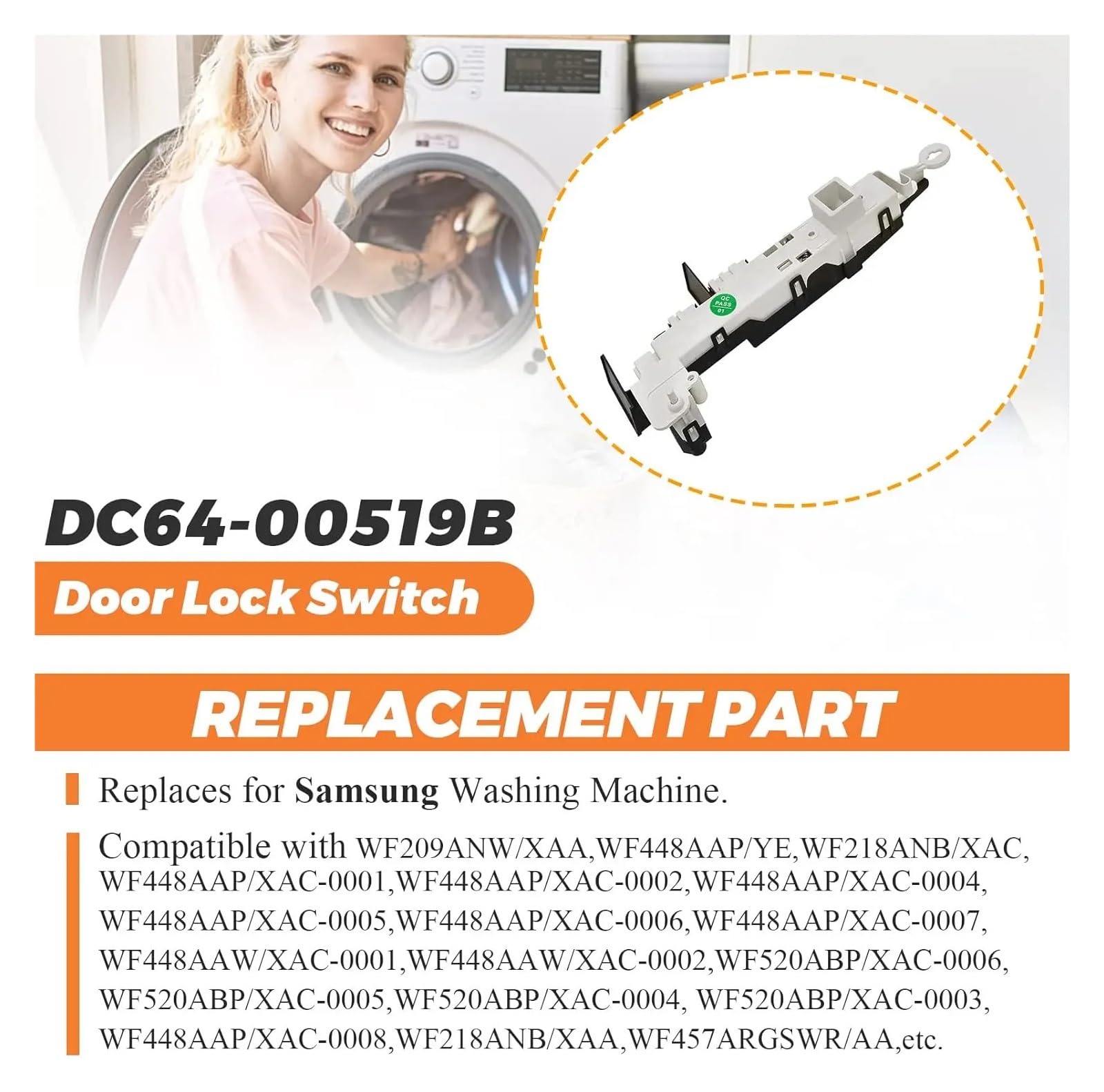 Zespół przełącznika blokady drzwi pralki DC64-00519B kompatybilny z pralką Samsung Whirlpool Kenmore zastępuje DC97-16899A PS4210737 2313922