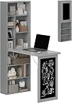 HOMCOM Fold-Out Convertible Computer Desk, Wall Mount Office Desk with Blackboard and Side Shelf, Study Table with Bookshelf for Home Office, White