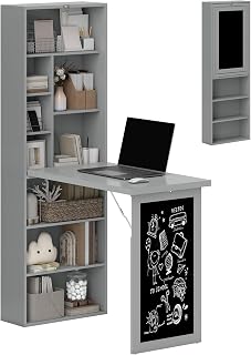 HOMCOM Foldable Convertible Writing Desk with Blackboard & Side Shelf - Space-Saving Home Office Workstation, Charcoal Gray