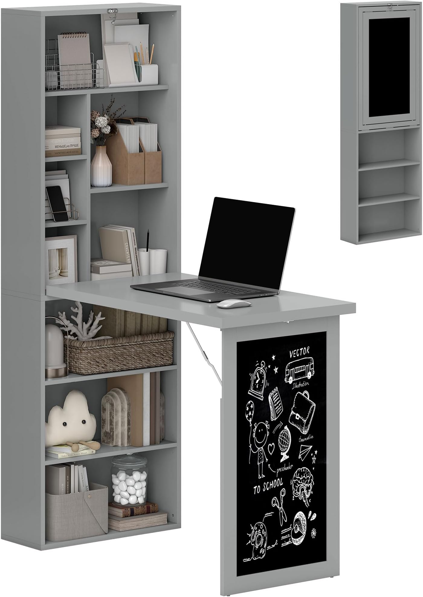 HOMCOM Wall Mounted Computer Desk, Space Saving Folding Study Table with Black Board, Bookshelf, Floating Writing Desk with Adjustable Shelf, 9 Open Compartments for Small Space, Grey