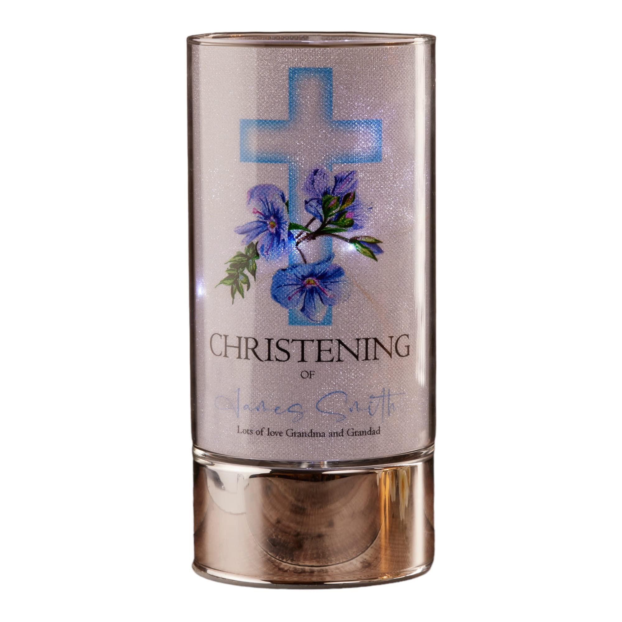 ukgiftstoreonline Personalised Christening Night Light Gift with Floral Blue Cross