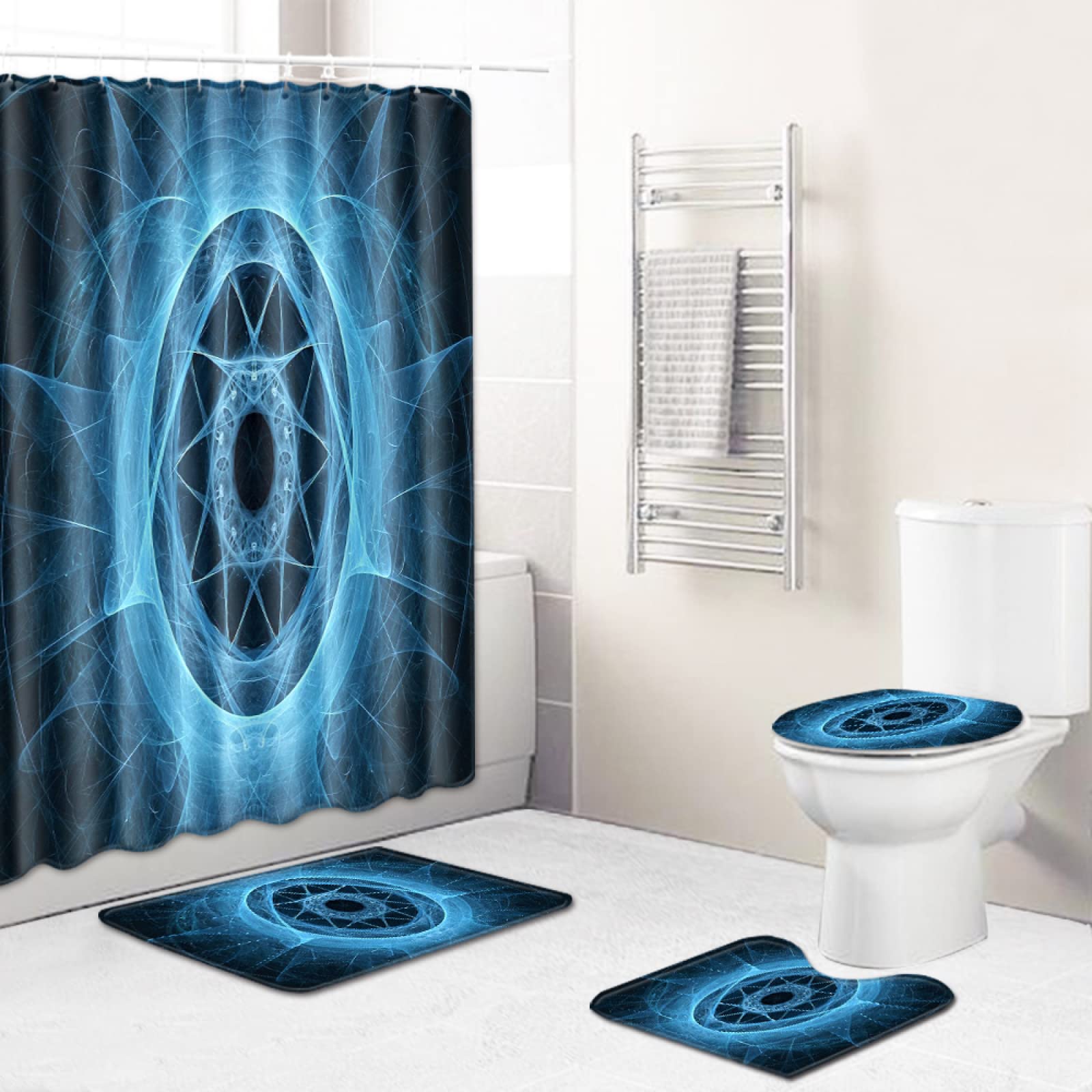 Badmat hemelsblauw patroon badmat 4-delige set wasbaar, 1 polyester douchegordijnen vormbestendig 1 toiletmat 1 U-vormige tapijten 1 vloermat antislip (45 x 75