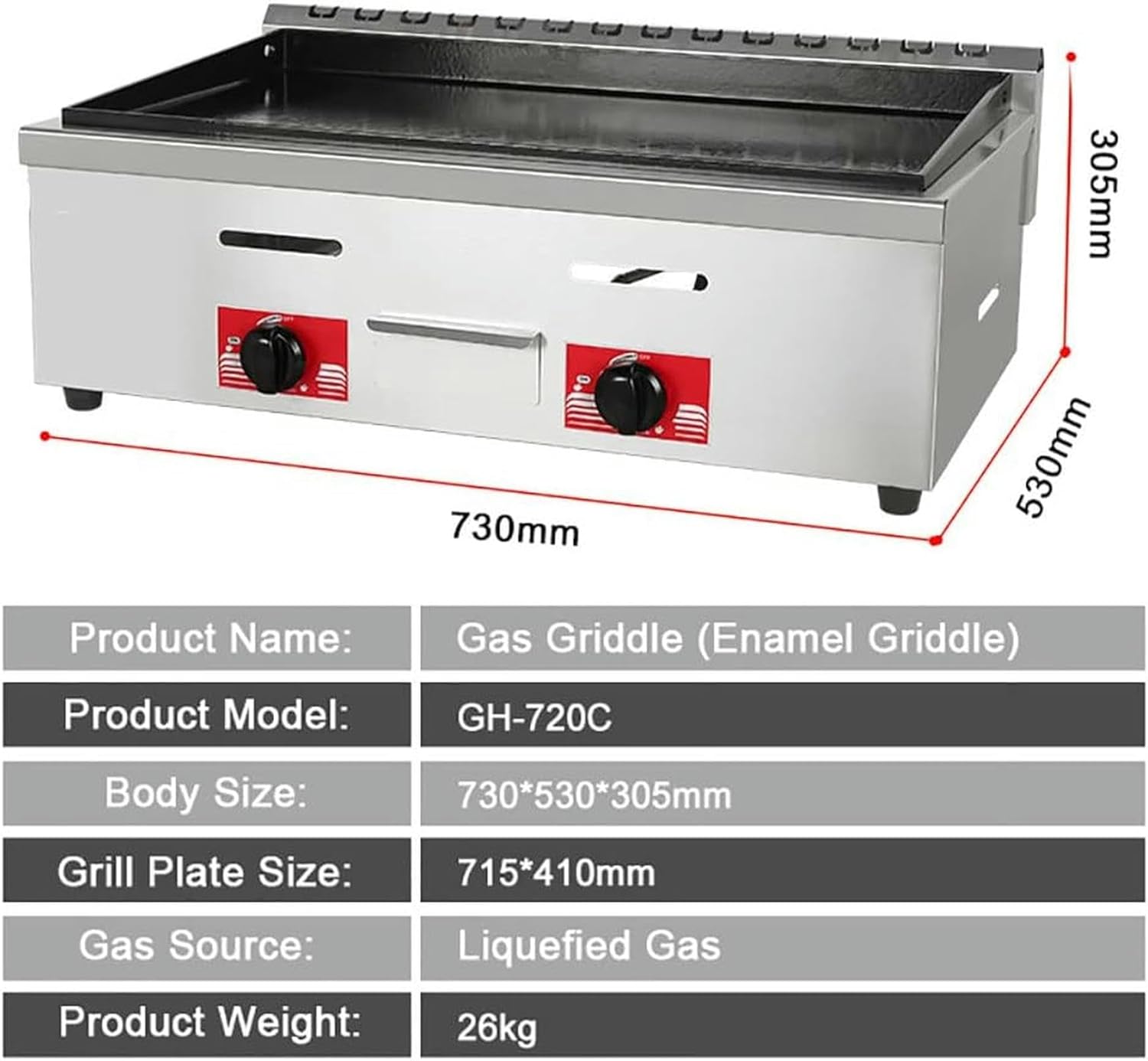 Desktop Gas Griddle, Commercial Stainless Steel Countertop Cooking Flat Hotplate BBQ Grill, 8mm Cooking Surface,Rapid/Uniform Heating, for BBQ Cooking Steak, Eggs, Pancakes