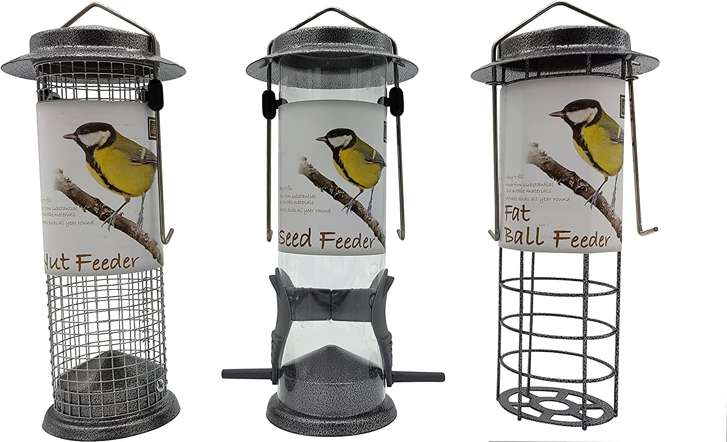 GPH Bird Feeder, 3Pcs Metal Heavy Duty Hanging Bird Feeders for Small Birds, Rust Resistant Grey Hammer Tone Finish, Garden Outdoors Feeding