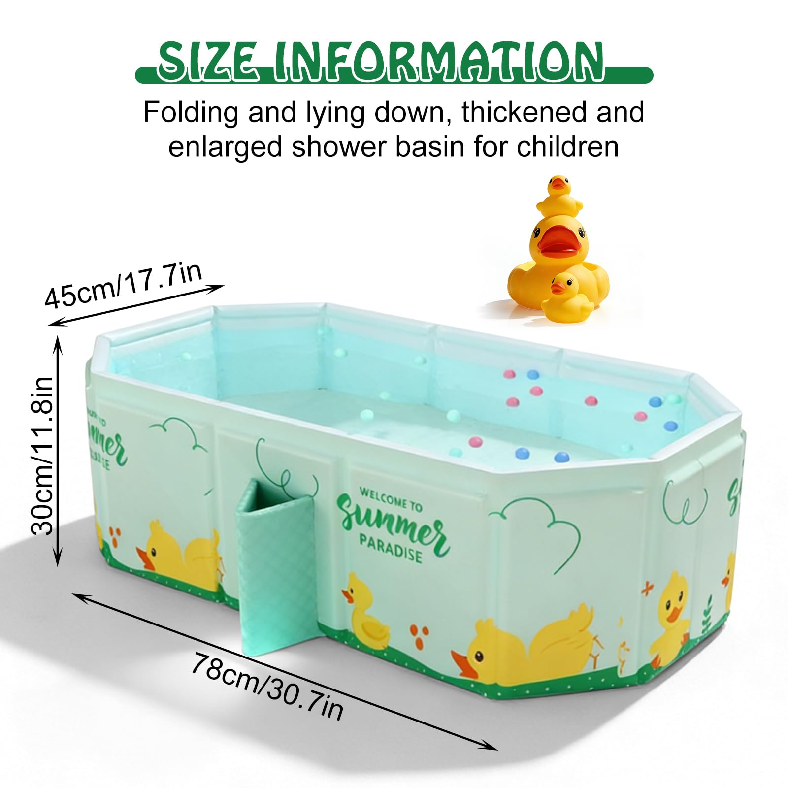 78 x 45 x 30 cm, vasca da bagno pieghevole per bambini: verde menta, grande vasca da bagno con 5 palline oceaniche e 4 anatre giocattolo da 0 a 8 anni, integrata