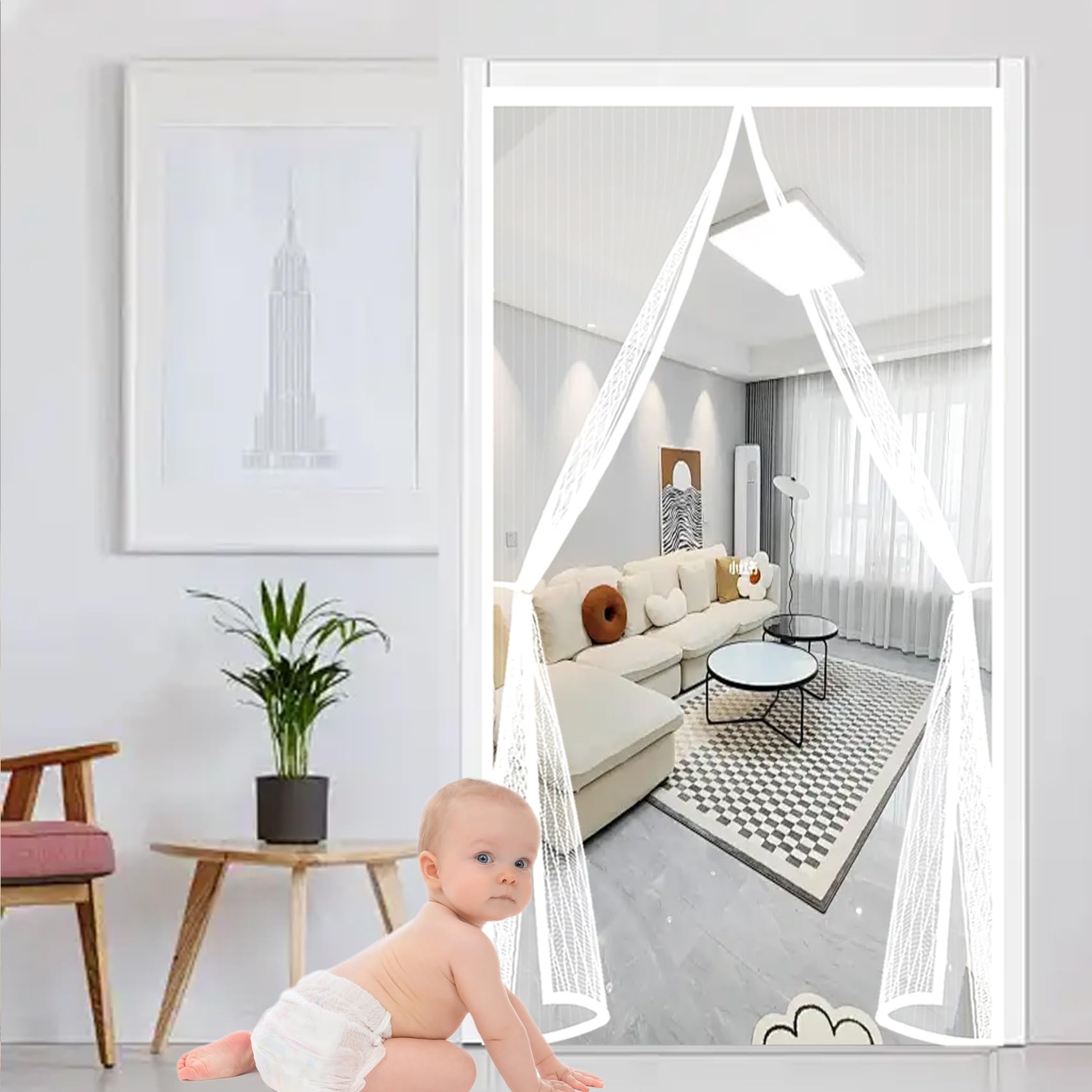 Chbin White Magnetic Door Screen 112 X 165 Cm Automatically Closes, Keep Bugs Out, Without Drilling, Easy To Install, Fly Door Screen Mesh For Patio/Balcony,