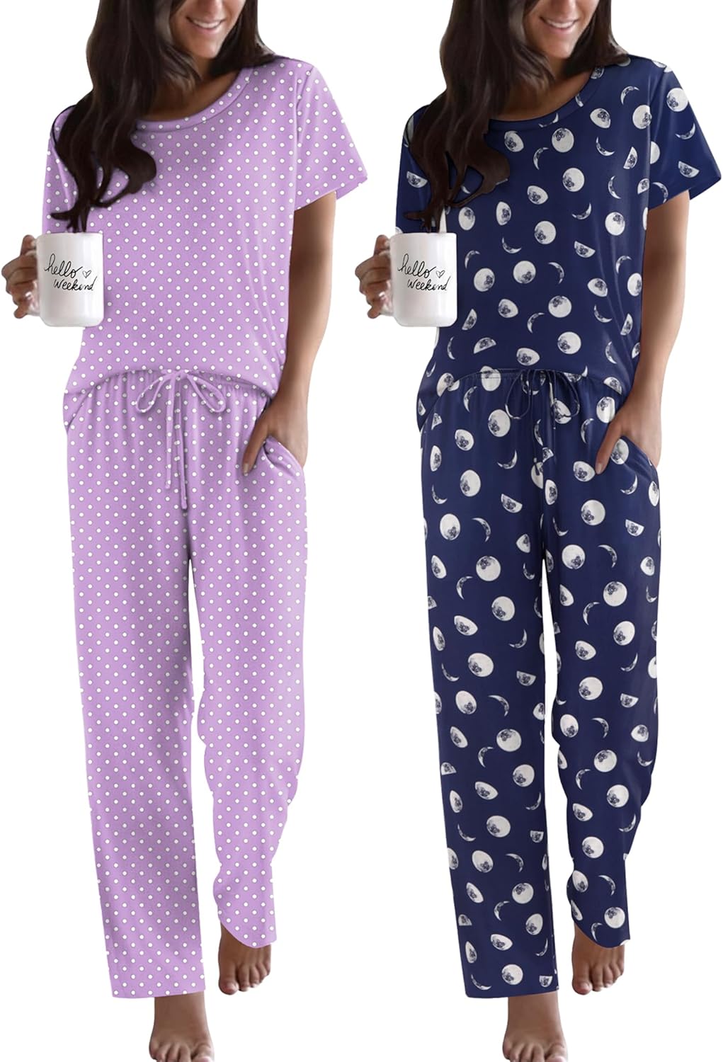Ekouaer 2 Pack Pajamas for Women Set Short Sleeve Sleepwear Top and Pants Pjs Soft Printed Lounge Sets with Pockets