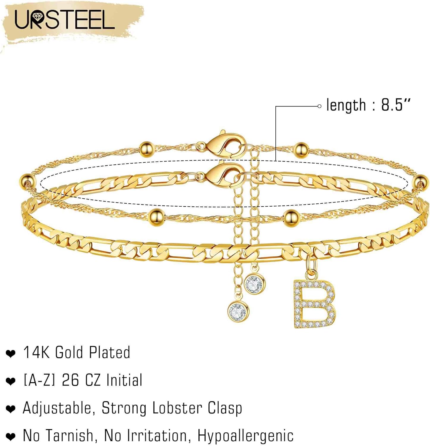 Ursteel Ankle Bracelets for Women, 14K Gold Plated Dainty Layered Chain CZ Initial Anklets Summer Jewelry Gifts for Women - Image 7