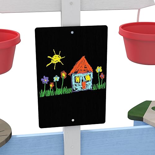 Miniatura 8 de Outsunny Caja de arena de madera para niños con tapa, grandes cajas de arena para exteriores con 6 asientos con estampado de animales, juguetes de