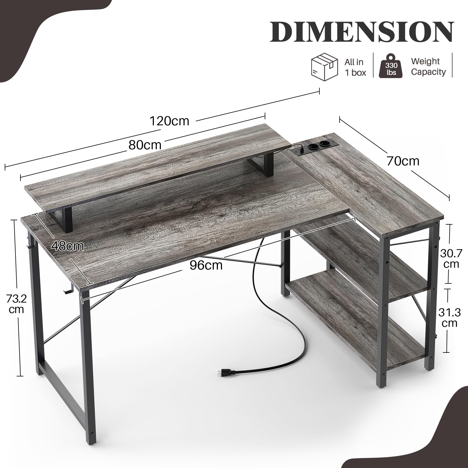 iSunirm Biurko gamingowe w kształcie litery L, 120 x 70 x 72 cm, biurko komputerowe z oświetleniem LED, dwustronny stół gamingowy z diodami LED i gniazdami do nauki, gier i pracy, szary dąb