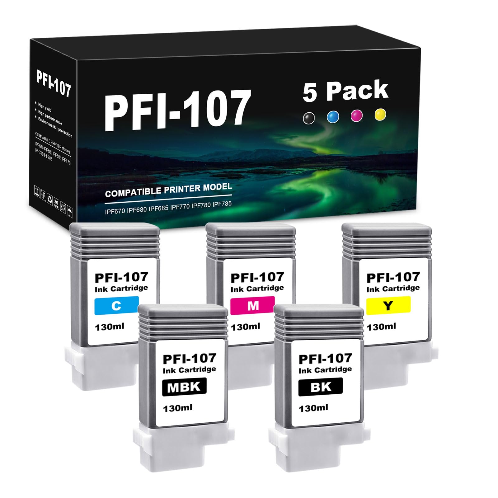 PFI-107 130ml Ink Cartridge Set Compatible for Canon PFI107 PFI 107 PFI-107MBK PFI-107BK PFI-107C PFI-107M PFI-107Y for iPF780 iPF785 iPF770 iPF685