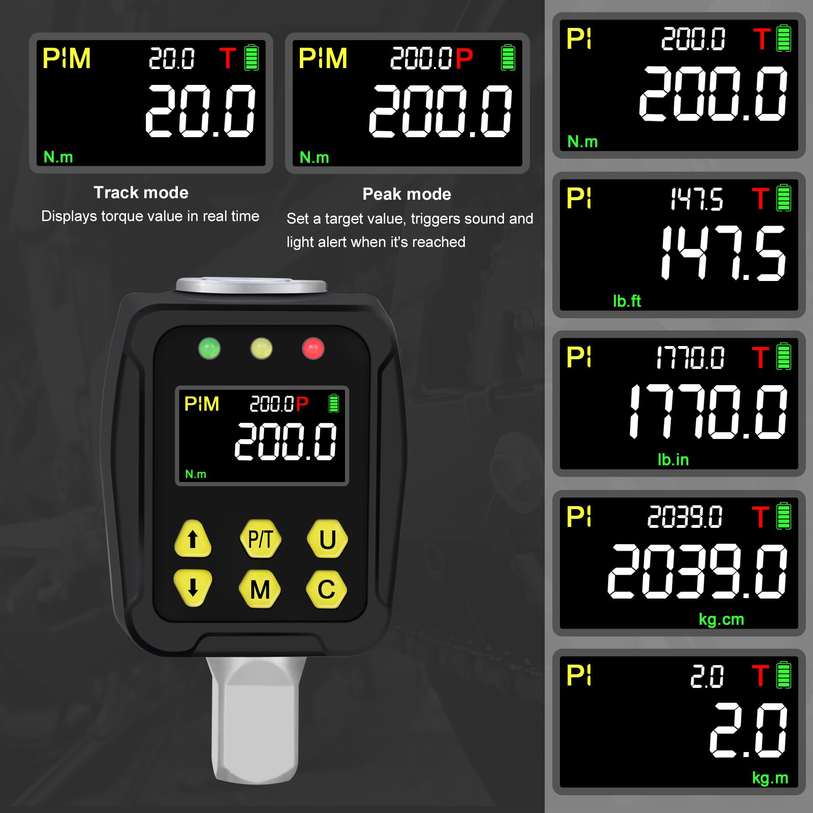 Adaptateur Dynamométrique Numérique 1/2" 10-200 Nm, Clé Dynamométrique Numérique avec Écran LCD, Mode PEAK/TRACK, Buzzer et Affichage LED, Précision d'Erreur ±2% pour Voiture, Vélo, Moto