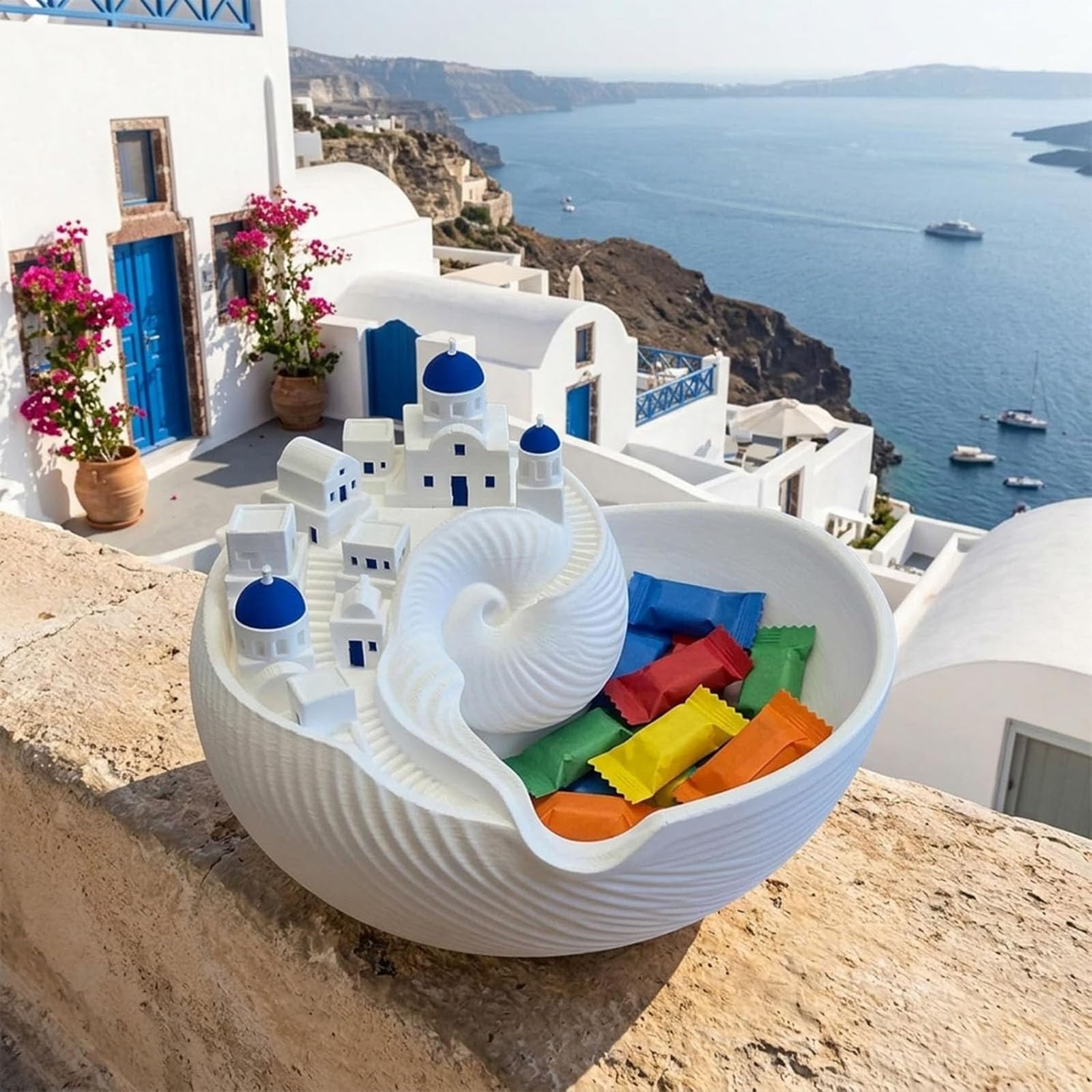 Ciotola Catchall di Santorini, ciotola decorativa per portachiavi, vassoio a conchiglia per chiavi, gioielli, monete, piatto per gingilli, organizzatore dell'isola greca stampato in 3D (1Pcs)