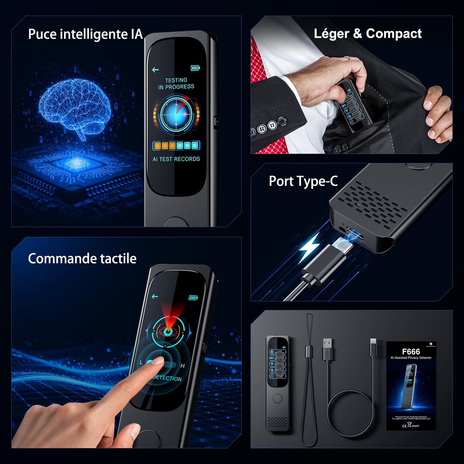 Détecteur Caméra & Micro Espion, Traceur GPS Voiture, 6-en-1 Écran Tactile | Détecteur de Traceur GPS, Scanner de Signal RF et Alarme anti-intrusion pour Hôtel, Voyage et Voiture