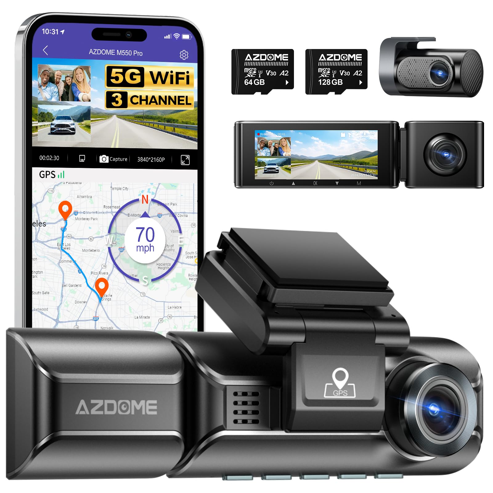 Amazon.com: AZDOME M550 Pro 3 Channel Dash Cam with AZDOME 128GB