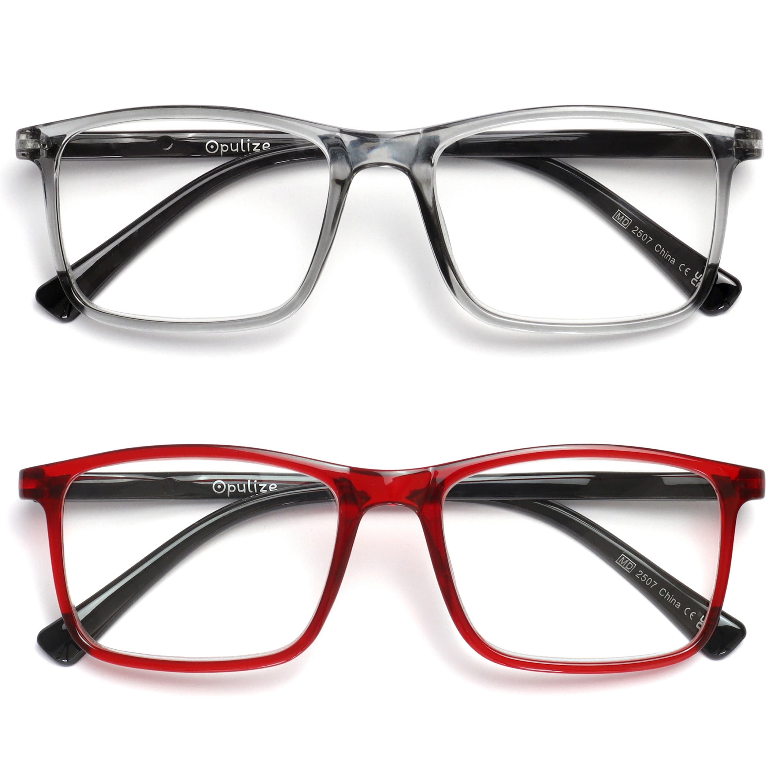 OPULIZE INK Reading Glasses - Value 2 Pack - Large Rectangular Frame - Spring Hinges - Scratch Resistant - Grey Red - Mens Womens +2.50
