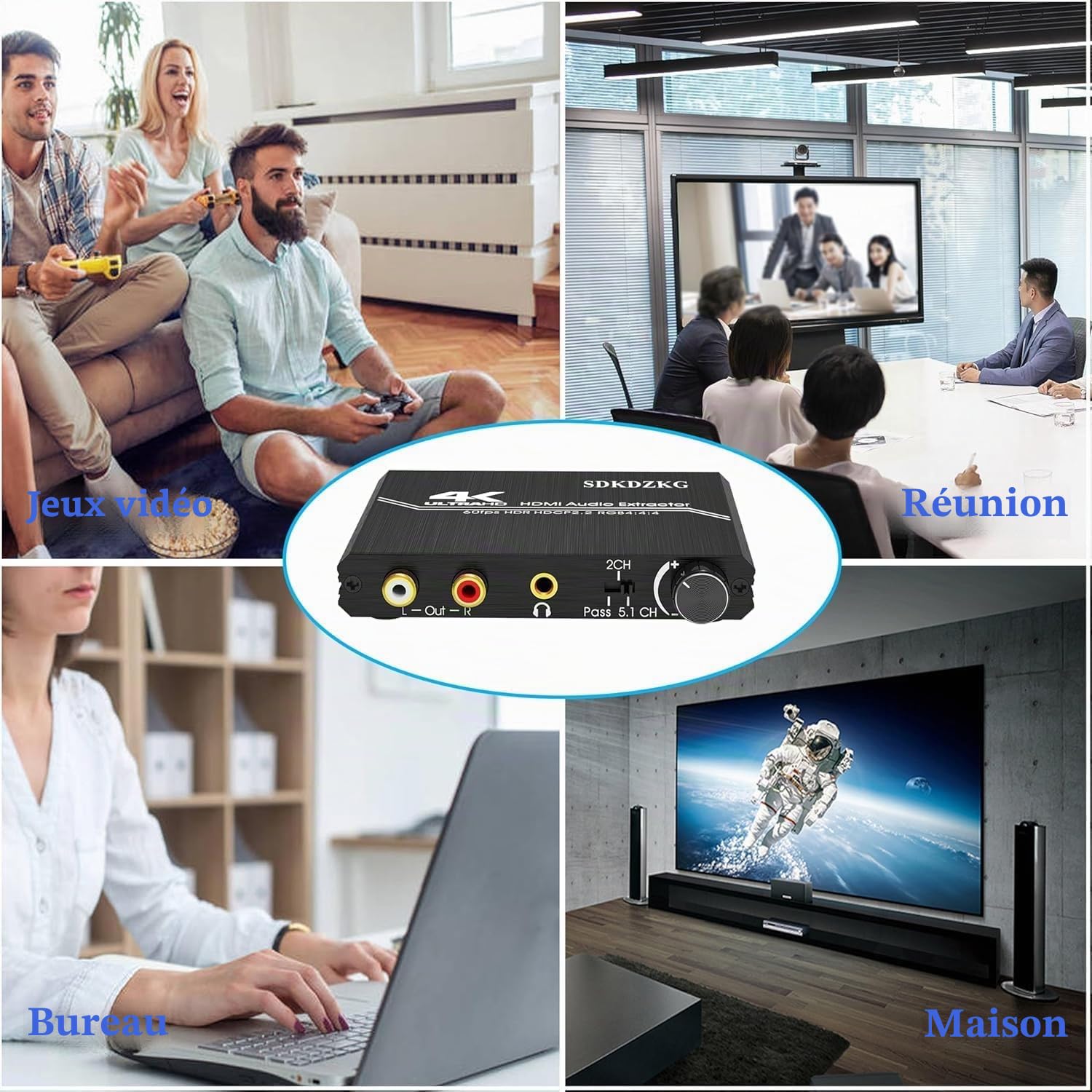 Diviseur audio HDMI 2.0 4K HDMI vers SPDIF optique Toslink 3,5 mm AUX stéréo RCA L/R convertisseur audio avec contrôle du volume, compatible avec 4K @ 60 Hz HDCP 2.2 HDR 3D YUV 4:4:4