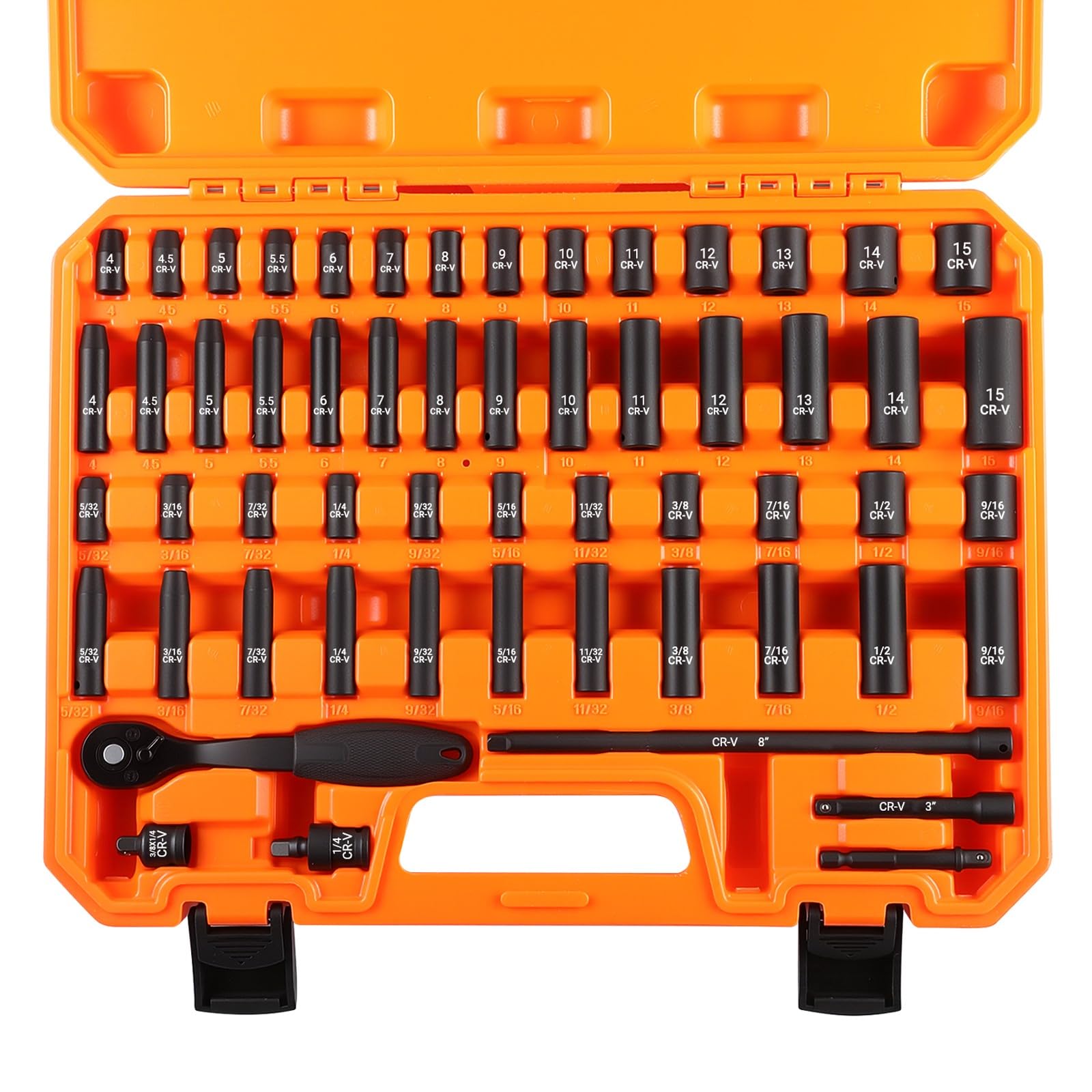 Pamatio 1/4" Drive Impact Socket Set, 56 pcs Deep Impact Socket Set, 8mm - 24mm, Metric, 6 Point, CR-V Steel Socket Set, 1/4" Drive Ratchet Handle, 3" and 8" Drive Extension Bar