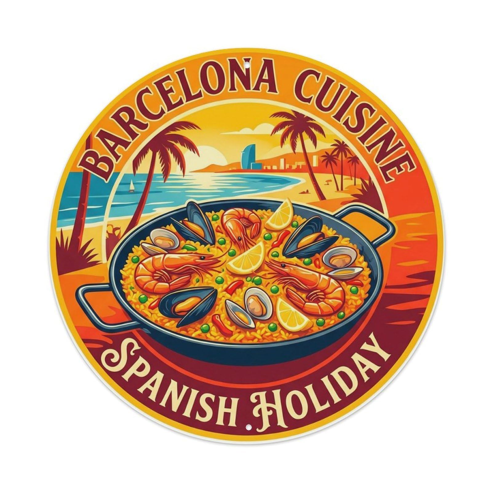 Spanish Barcelona Paella Holiday Classic Travel Landmark Metal Tin Sign Plaque Wall Decor for Cafe, Man Cave, Club Bar, Office, Home Garden Round Metal Poster 8x8Inch
