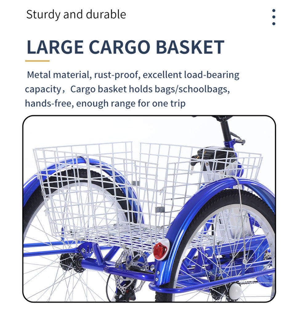 Tricycle électrique pour Adultes, Vélo à 3 Roues 24 Pouces, Grand Panier + écran LCD, Capacité De Charge 150 Kg, pour Les Achats Et Les Voyages des Personnes âgées Blue