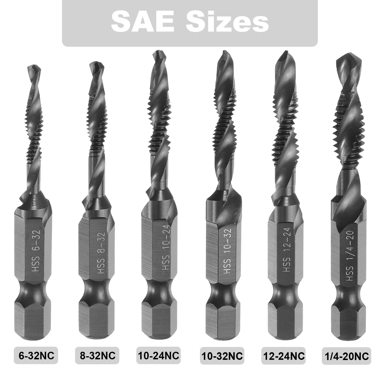 Set di 6 Punte combinate per Trapano e Maschi, Filettatura SAE 6-32NC a 1/4-20NC, Gambo Esagonale da 1/4", Maschi per Filettatura in ossido Nero, Utensili per maschiatura a Spirale, HSS4341