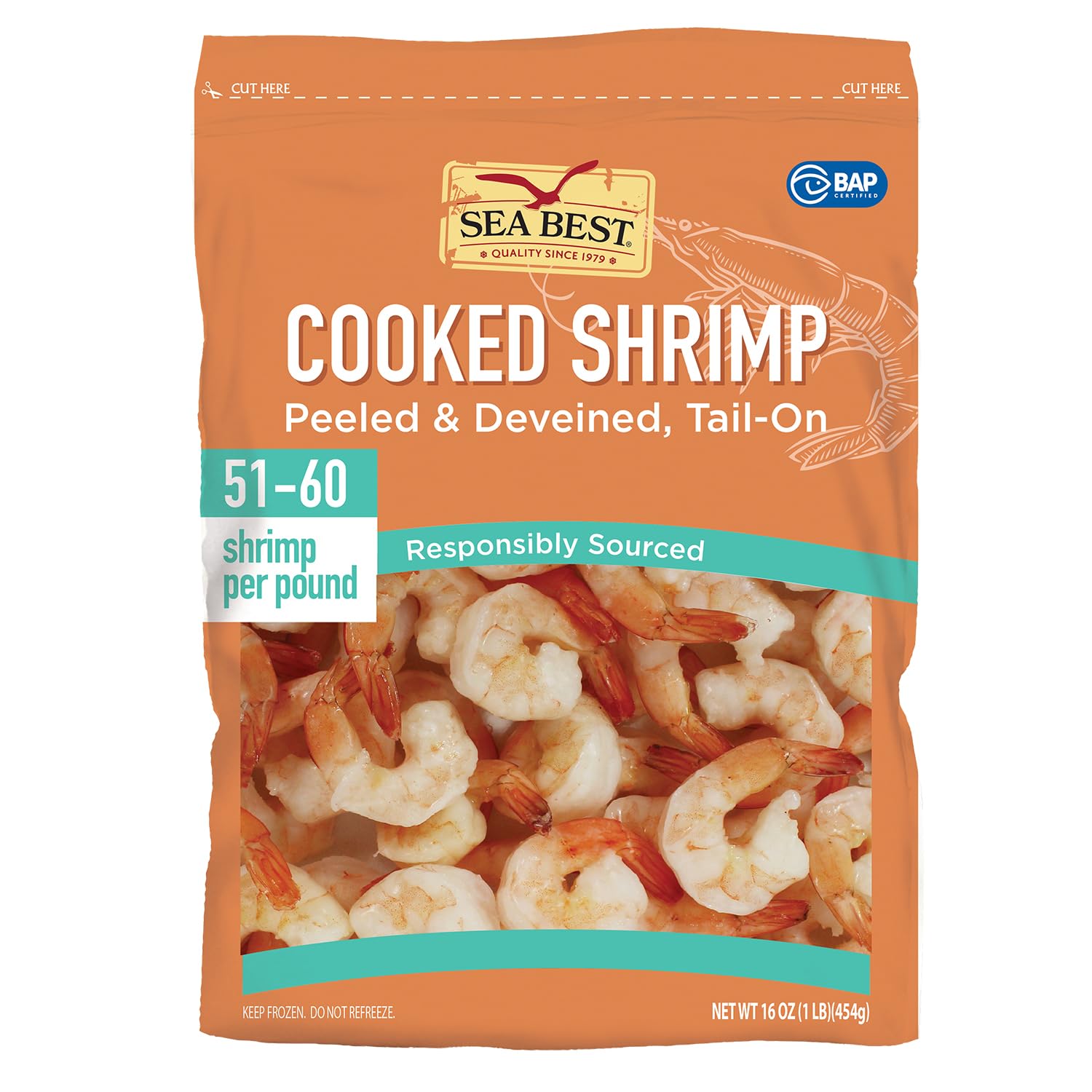 Sea Best 51/60 Cooked Peeled and Deveined Tail On Shrimp, 16 Ounce