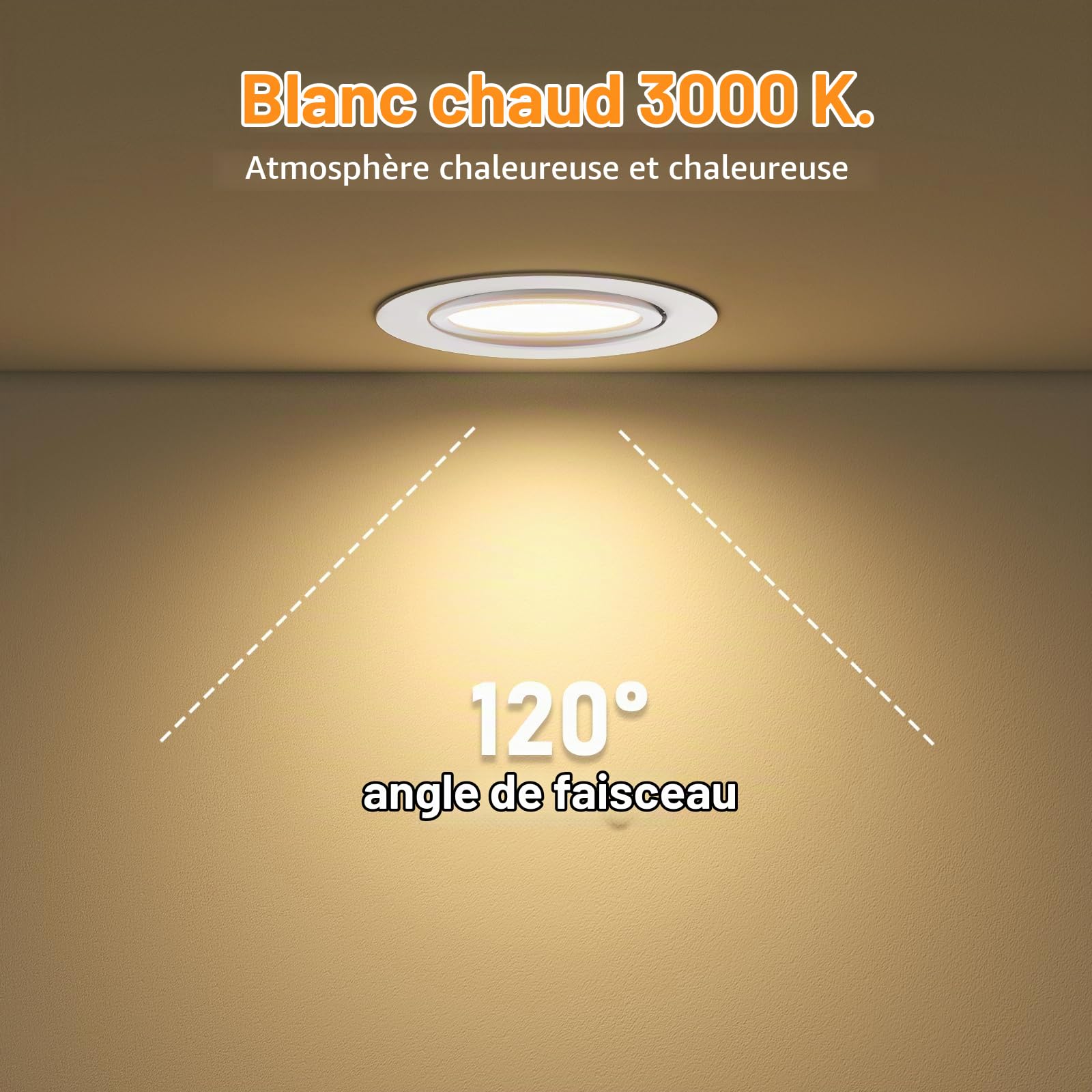 Spot LED Encastrable Orientable, 10W Trou Φ 90-100mm 3000K Warm White 400LM spots de Plafond, 30-60° Extra Plat Spot Salle de Bain IP44, Non Dimmable, Lot de 6