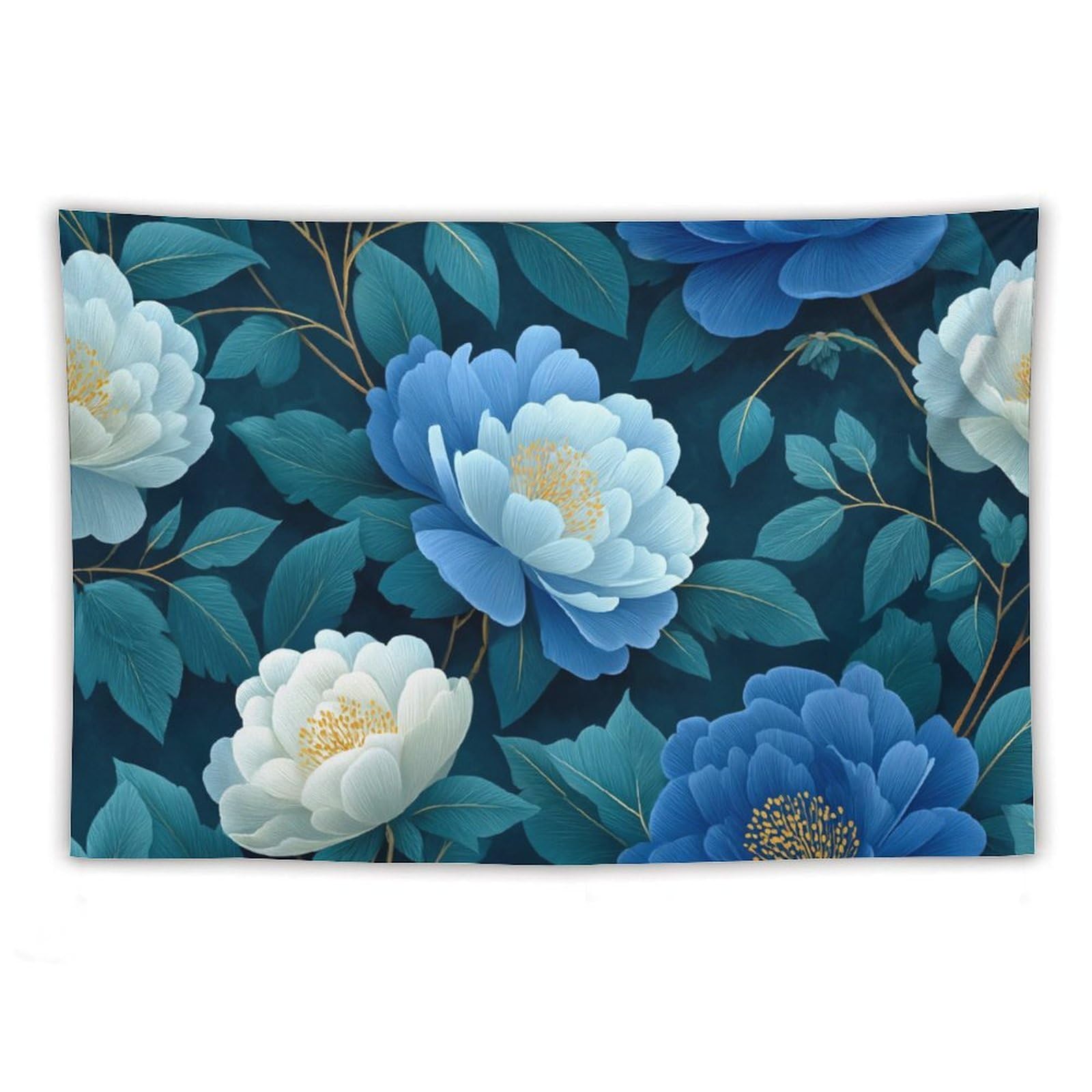 Jubonexis Dark Blue Floral Peonies White Roses Pattern Tapestry Polyester Aesthetic Wall Hanging Bedroom Living Room Dorm Decor 40"x60"