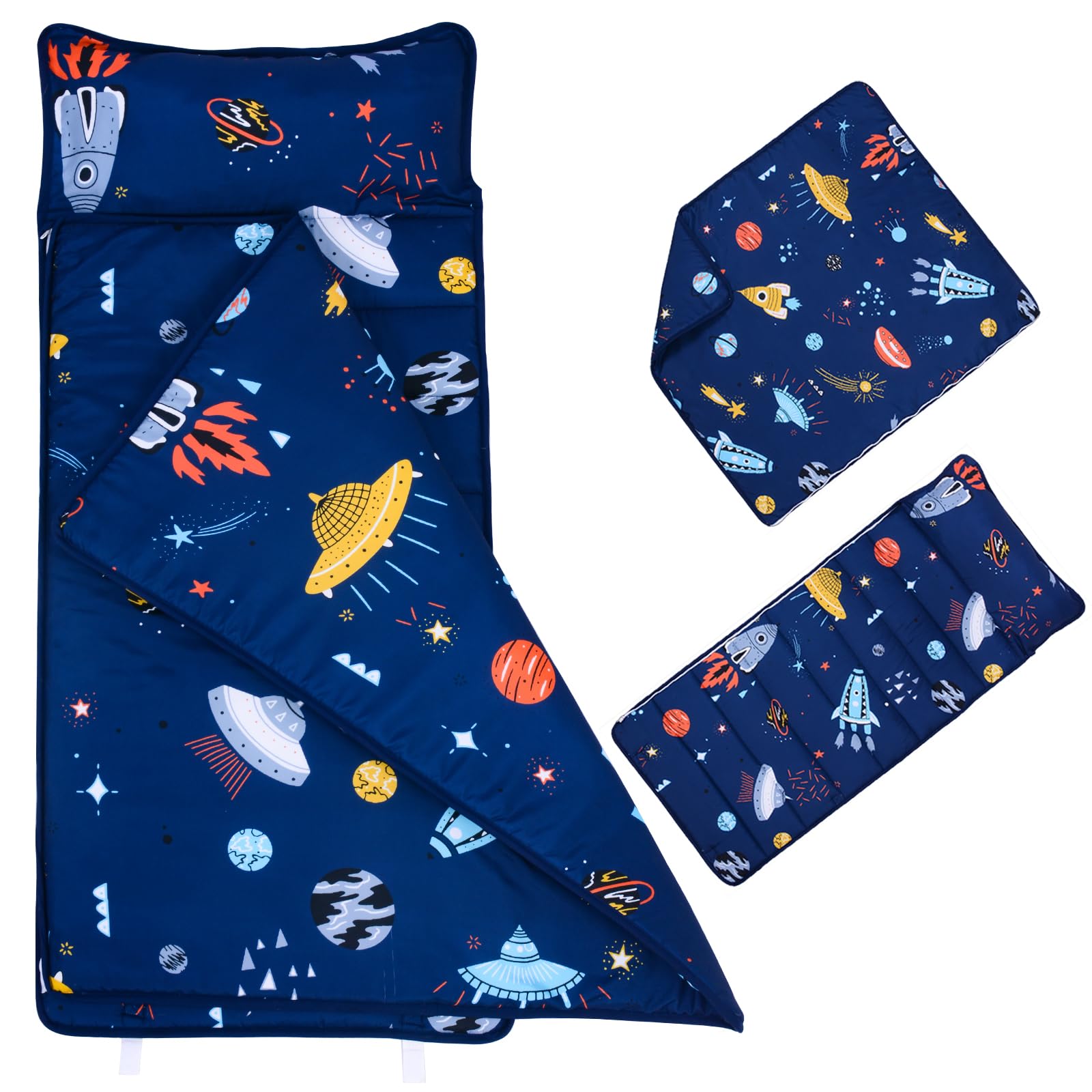 JISEN Toddler Nap Mat with Pillow and Blanket Nap Mat for Toddlers Boys Girls Kids Sleeping Bag Large Slumber Bag Toddler Sleep Mat for Preschool Daycare Travel Camping 53x21 Inch Navy Blue Space