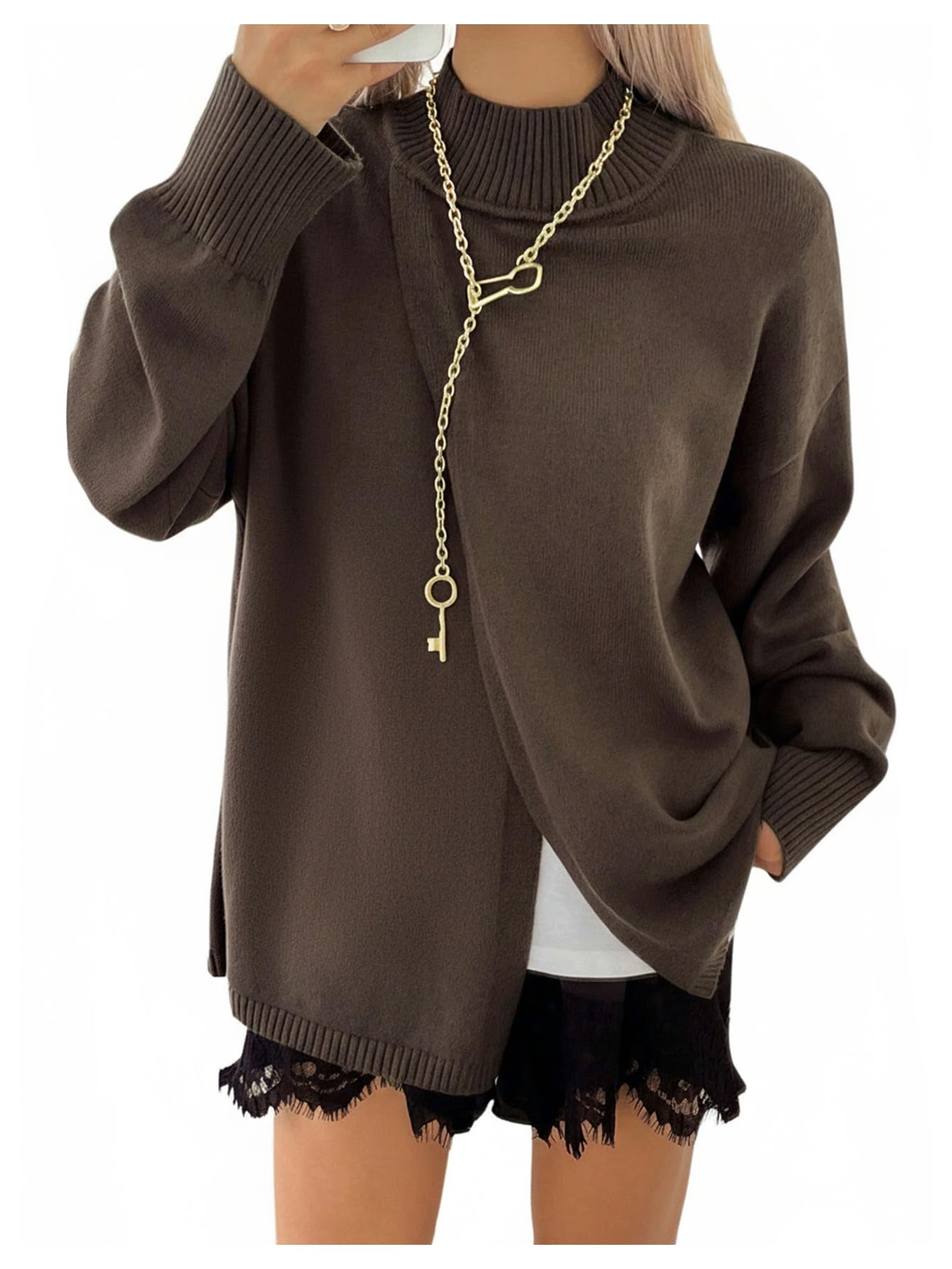 Verdusa Turtleneck Sweater Cozy Oversized Sweaters for Women Trendy Old Money Clothes Coffee Brown Large