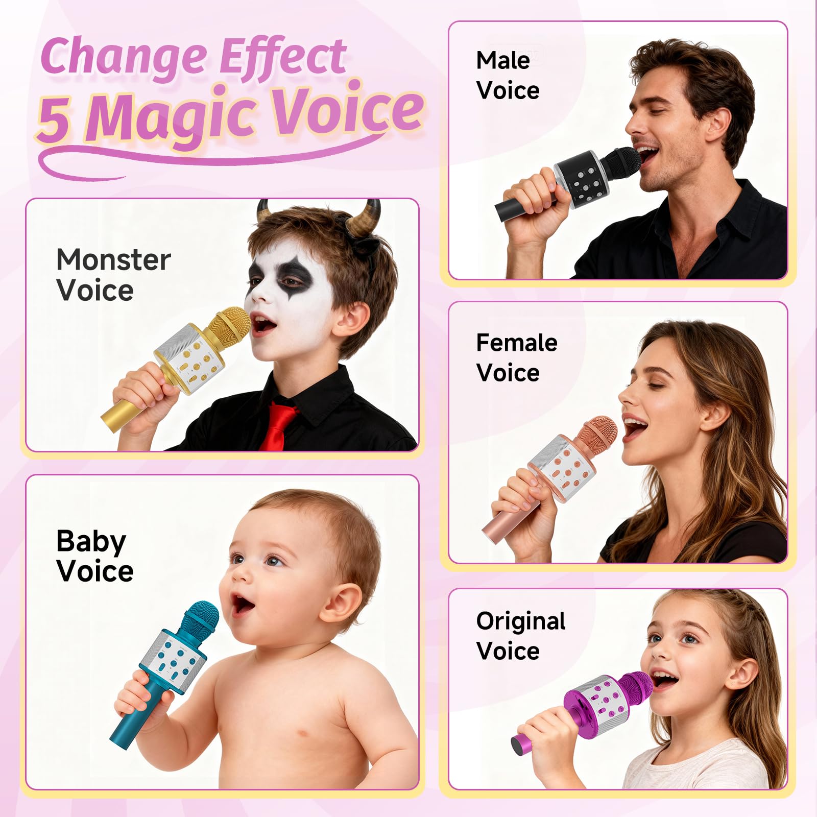 Fede Microphone Karaoké sans Fil Bluetooth avec Lumière LED Multi Couleur, Micro à Main Portable Haut-Parleur pour Enfants/Adultes Chanter, Compatible avec Android/iOS/PC/Smartphone