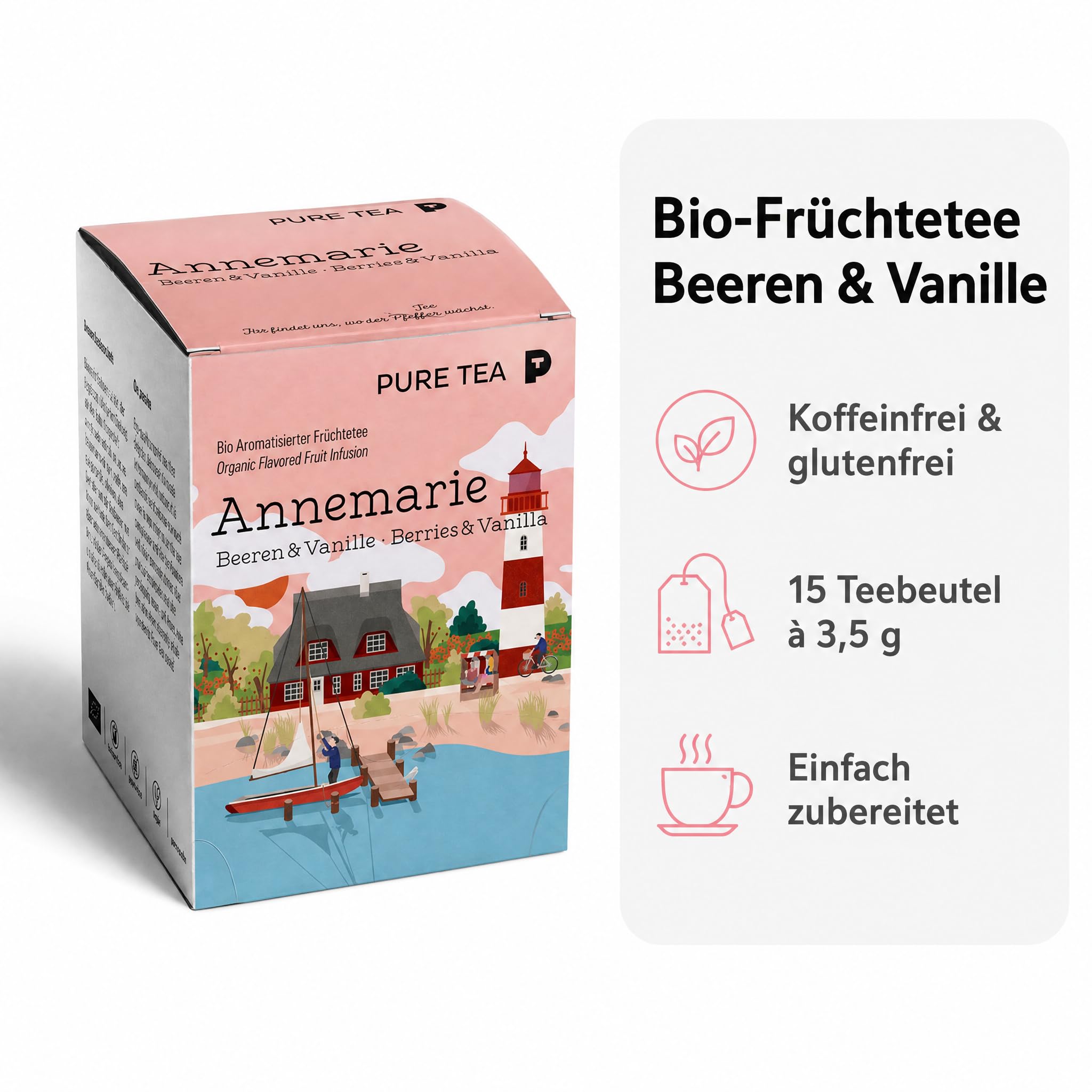 6 x Pure Tea Früchtetee Annemarie Beeren & Vanille, 15 Teebeutel à 3,5 g, aromatisierter Premium-Früchtetee, koffeinfrei & glutenfrei, Dispenserbox