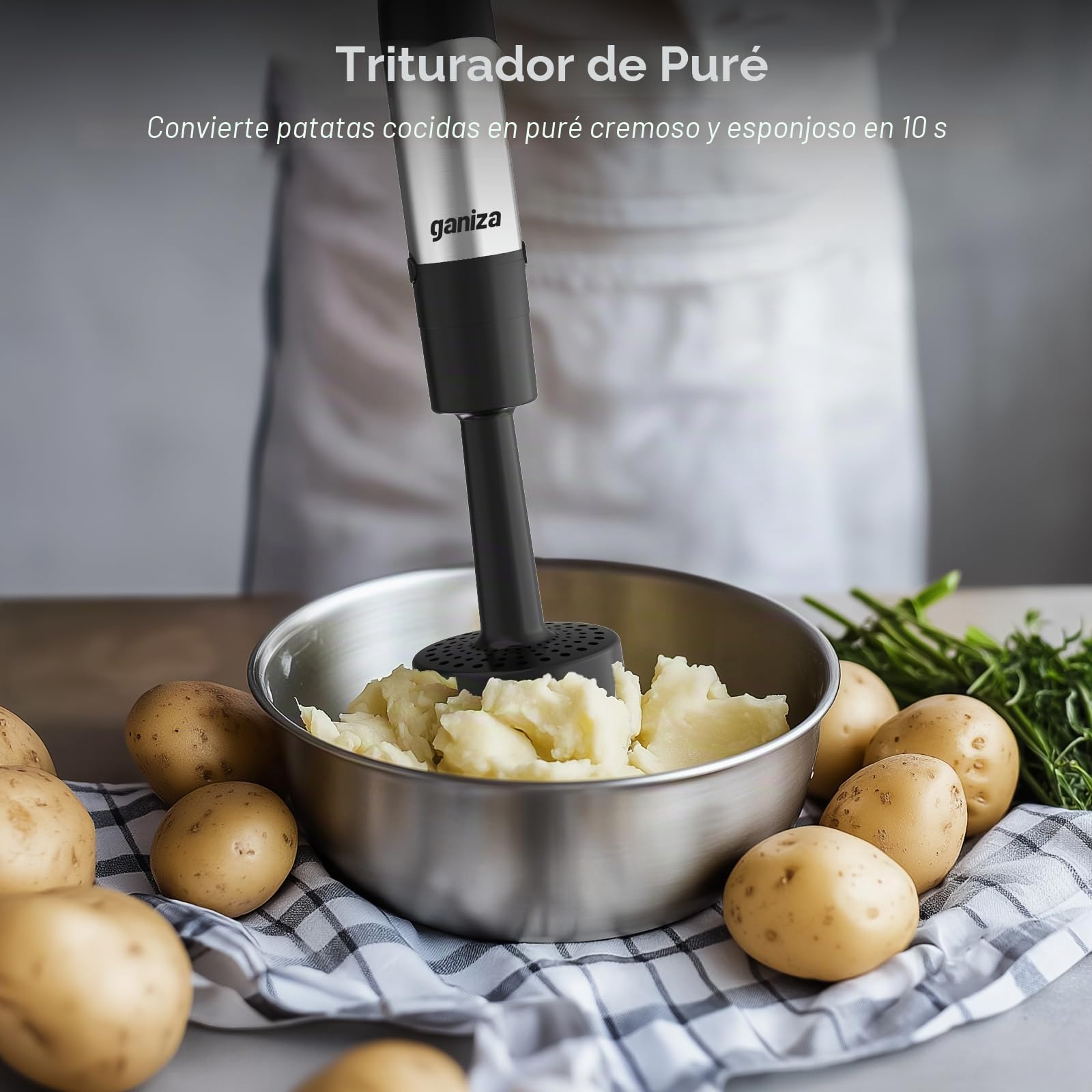 Ganiza Batidora de mano eléctrica 10 en 1, potente batidora de 1200 W con control de velocidad y botón TURBO, Multifunción picadora con doble espumador de leche, para preparar salsas y batidos
