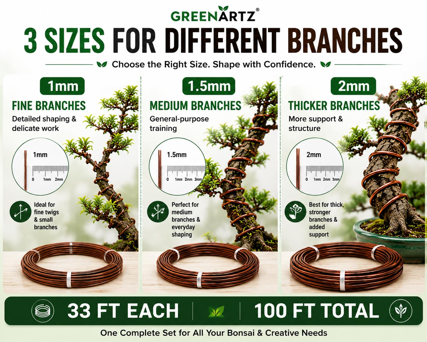 Bonsai Wire Kit - 1mm, 1.5mm, 2mm - GREENARTZ -2