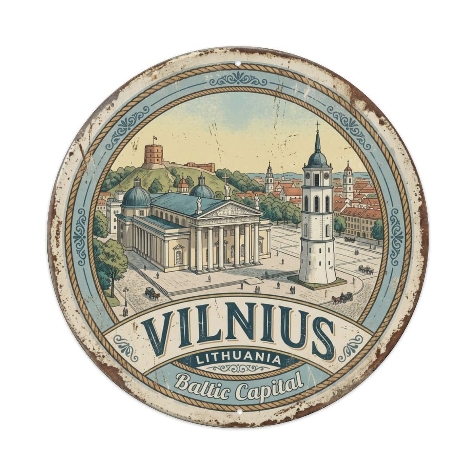 Vintage Travel Vilnius Cathedral Lithuania Metal Tin Sign Plaque Wall Decor for Cafe, Club Bar, Office, Home Garden Round Metal Poster 8x8Inch