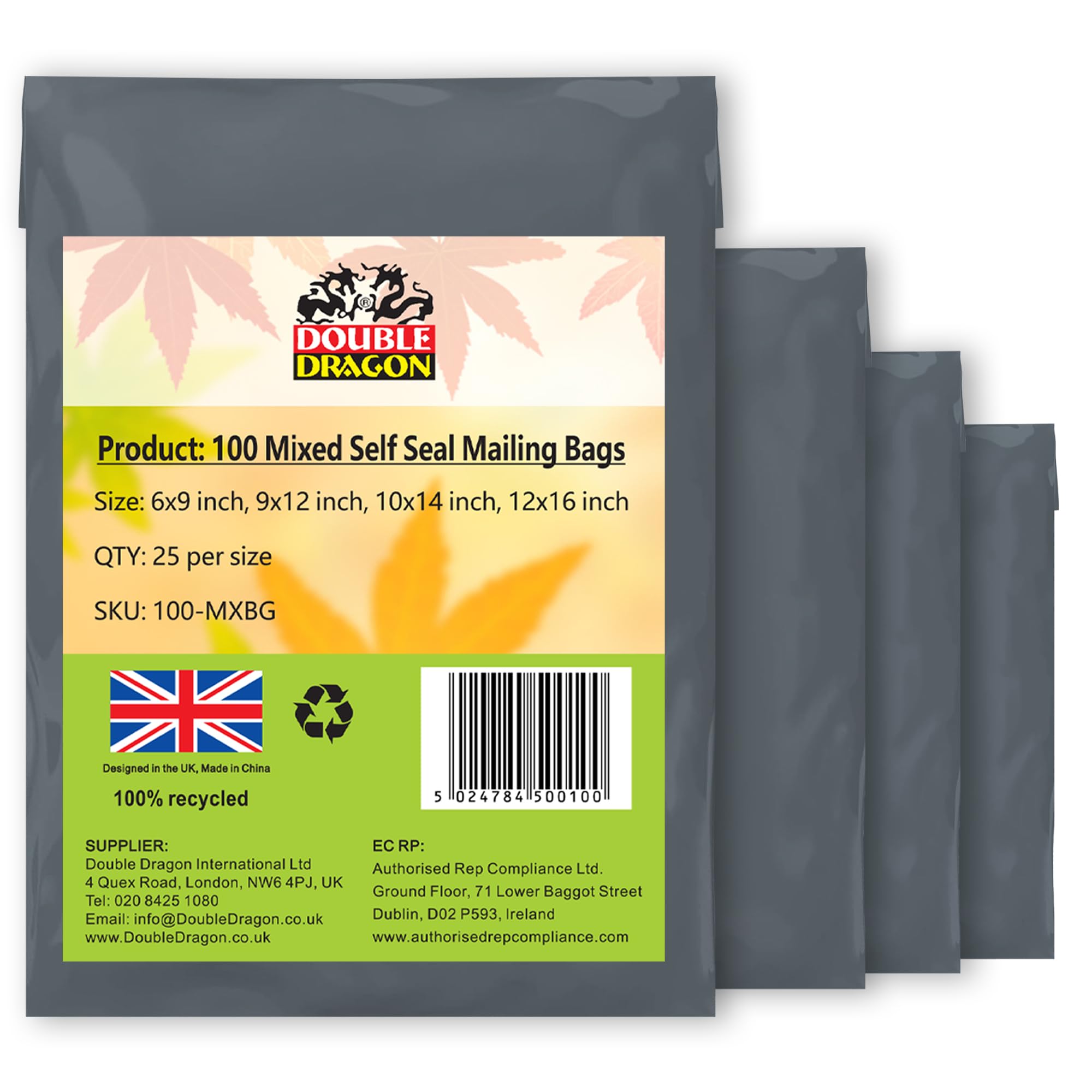 Double Dragon 100-Pack 4 Size (4x9/9x12/10x14/12x16 inches  25 Each) Self-Seal Grey Poly Mailer Bags | Strong  Waterproof  Tamper-Proof Polythene Packaging for Clothes  Parcels (Also for Storage)