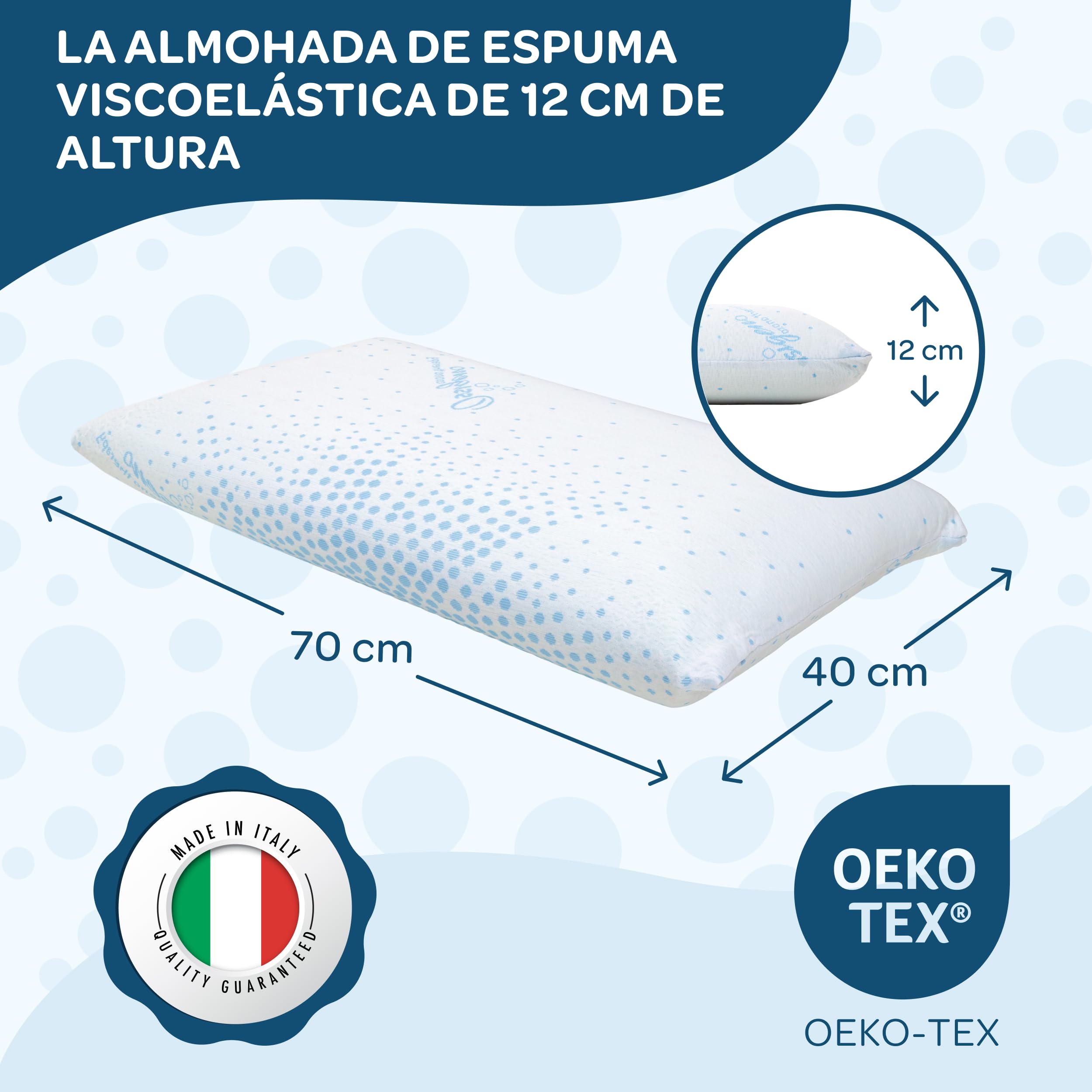DOLCI SOGNI Almohada Viscoelastica - Almohada Memory Foam 72x42x12/13 cm y Transpirable - con Tecnología Oxígeno y Protección Antibacteriana - 100% Fabricada en Italia