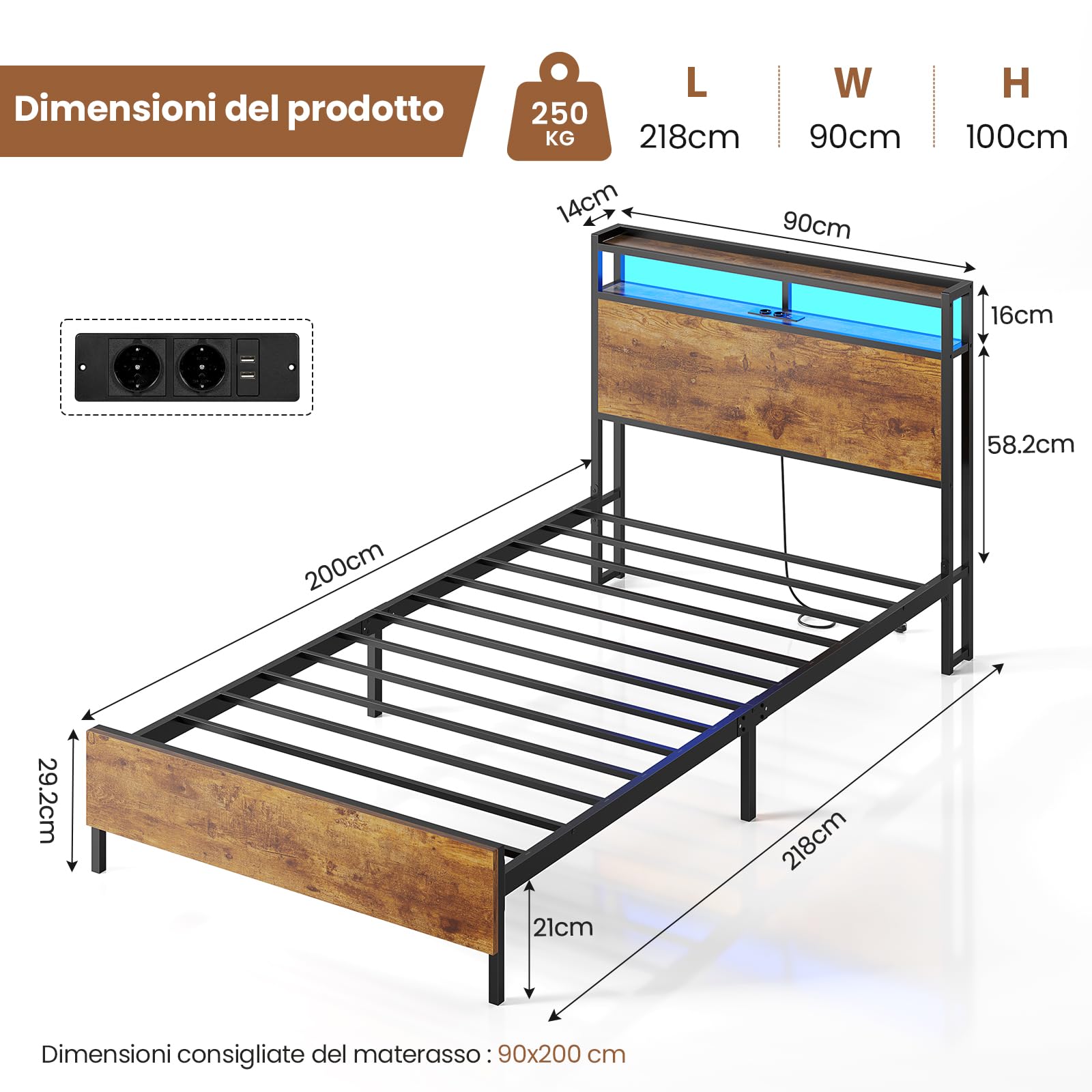 Brinlawb Struttura Letto Singolo 90x200 cm con Luce LED e Stazione di Ricarica (2 Prese CA, 2 Porte USB) Struttura Letto 90x200 cm con struttura in metallo, Facile da montare, Moderno, Marrone