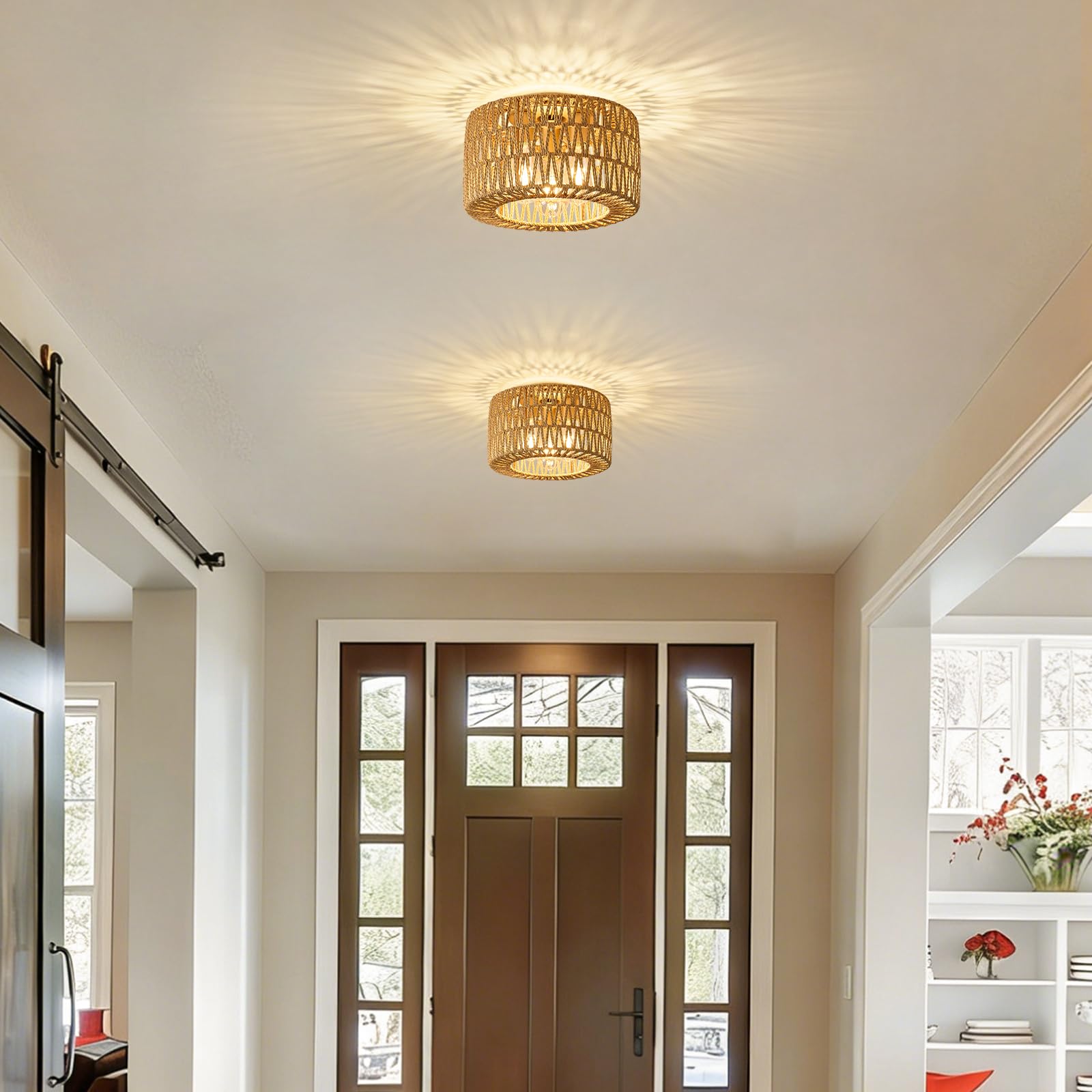 Qamra Deckenleuchte Boho Gold,3-flammige Rund Rattan Lampenschirm,Deckenlampe Rustikal Vintage E27, ohne Leuchtmittel,32cm für Schlafzimmer Wohnzimmer Esszimmer Küche Flur