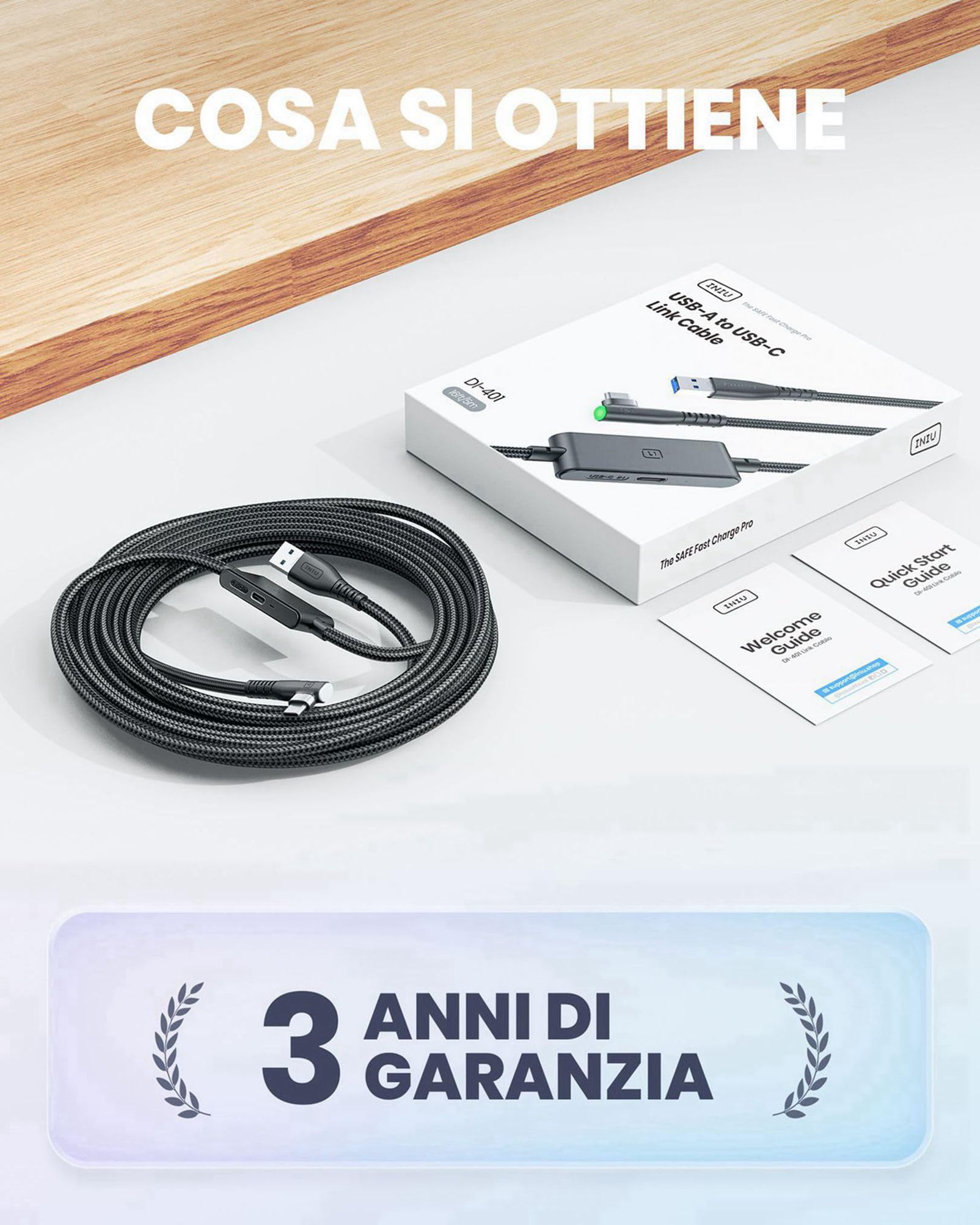 INIU Cavo Link 5m, Compatibile con Meta/Oculus Quest 3/2/Pro e Pico 4 Steam VR/PC di gioco, Trasferimento Dati ad Alta Velocità, USB A 3.0 a USB C Lnk Cable per VR Headset, Porta USBC separata